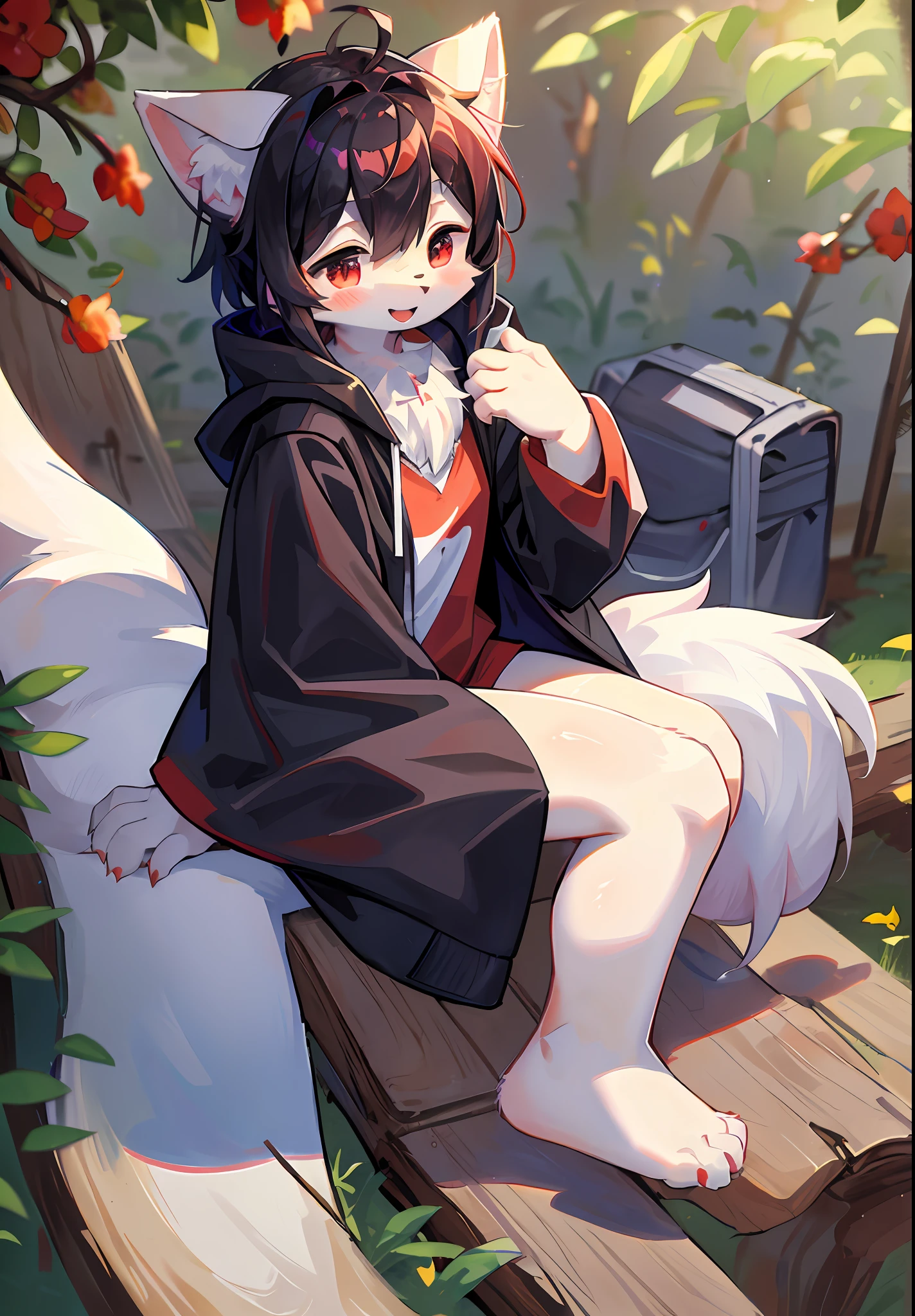 (masterpiece:1.3), (2D:1.0), (anime:1.0), (illustration:1.0), (sharp:1.2), (hard light:1.0), (shadow:1.0),(reflection, refraction:0.8), (light, dappled light, glare, lens flare, Tyndall effect: 1.0), (sharp, shiny: 1.0), (Best Quality: 1.2), (Ultra Fine: 1.0), (Extremely Complex: 1.0), (Blurred foreground, Cinematic Light, Ray Tracing: 1.1), (bright_colors, dark_intense_shadows: 1.1), (Impasto, Colorful: 1.2), (warm_light_from_below, glow_white_ particles:1.1),(Ensemble_Stars! _\(style\):0.95). wolf_boy,anthro,uploaded_on_e621,solo,upper_body,cowbow_shot,male_focus,furry_kemono,furry_male,cub,young_male,bishounen,11_years_old,kawaii,cute,fancy,fragile,cool, handsome. detailed_fluffy_fur,tuft,(white_fur,body_fur,oil_skin,skin_with_fluffy_fur:1.3),animal_nose,animal_ear_fluff,fluffy_paws,pawpads,animal_hand,fluffy_big_tail。 Black clothes, (black and red hooded cape, red and black hoodie: 1.5), short male hair, black hair, purple eyes, closed eyes, bangs, red dull hair, open mouth, smile, light blush, goggles, raised hand, holding red dagger, red metal leg ring on the thigh of the right leg is short, bottomless, (duck sitting, sitting position: 1.2), looking at the left front. (night, starry_sky, crescent_moon, star_\(sky\), gem, plant, star_\(symbol), sparkle), outdoor, landscape