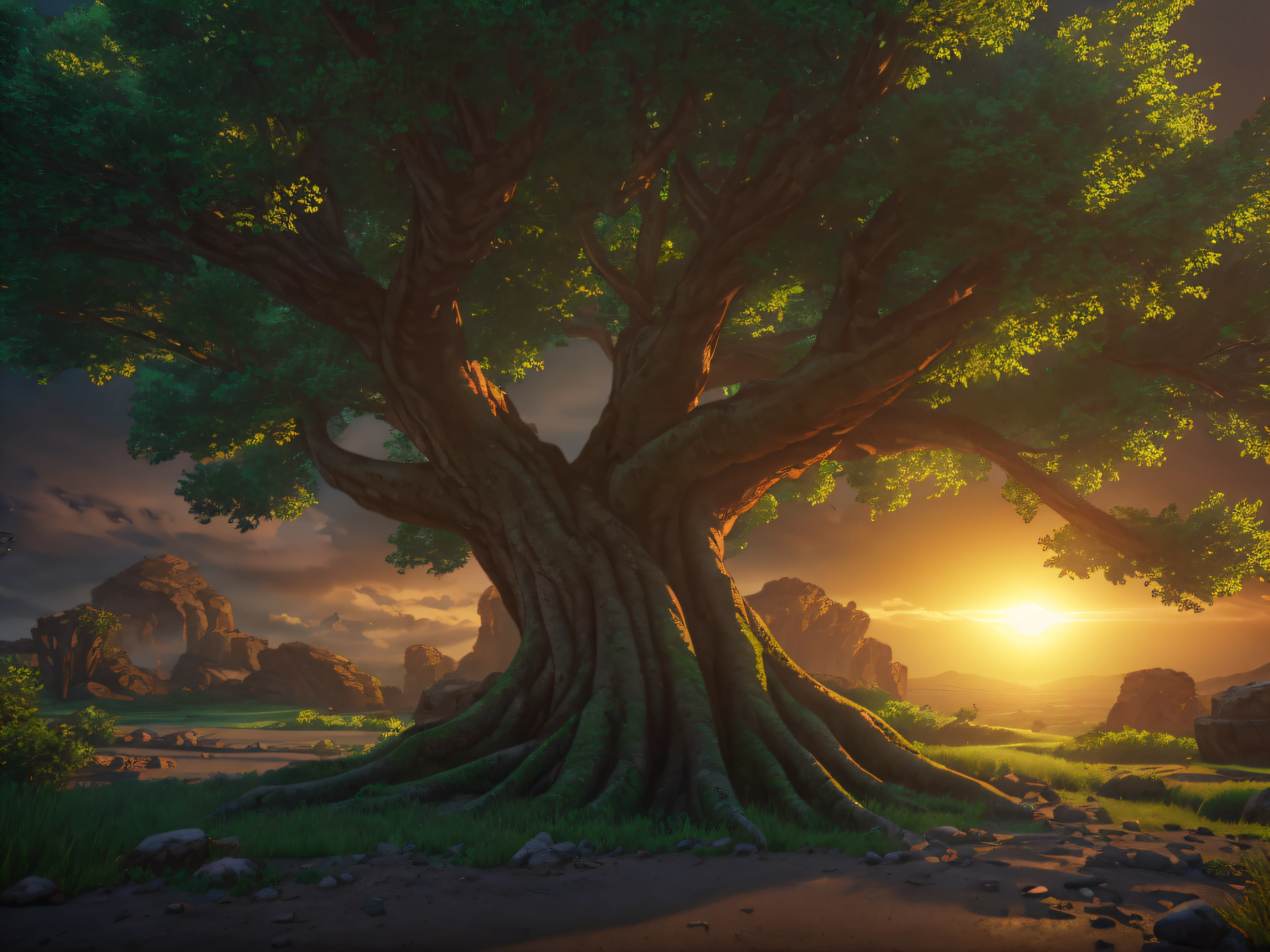 A quiet place, very pleasant, aesthetic, calm, landscaped. tree of life, thick and twisted trunk, day dawning, photorealistic, 8k uhd, studio quality, ultra realistic, post-processing, realistic, photorealism, photoshop, landscape photography, wide-angle lens, detailed, cinematic lighting, landscape, panoramic, landscape, raytracing, cinema4d