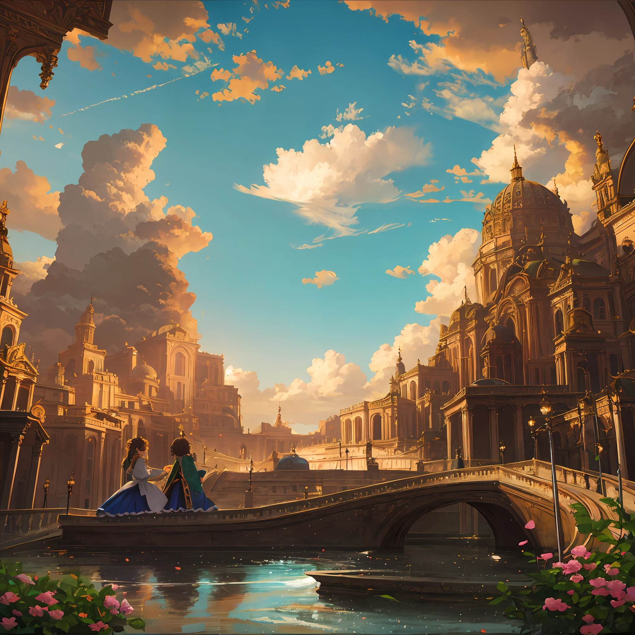 Romantic landscape with a baroque touch, I half the scenery a happy couple watching the sunset --auto --s2