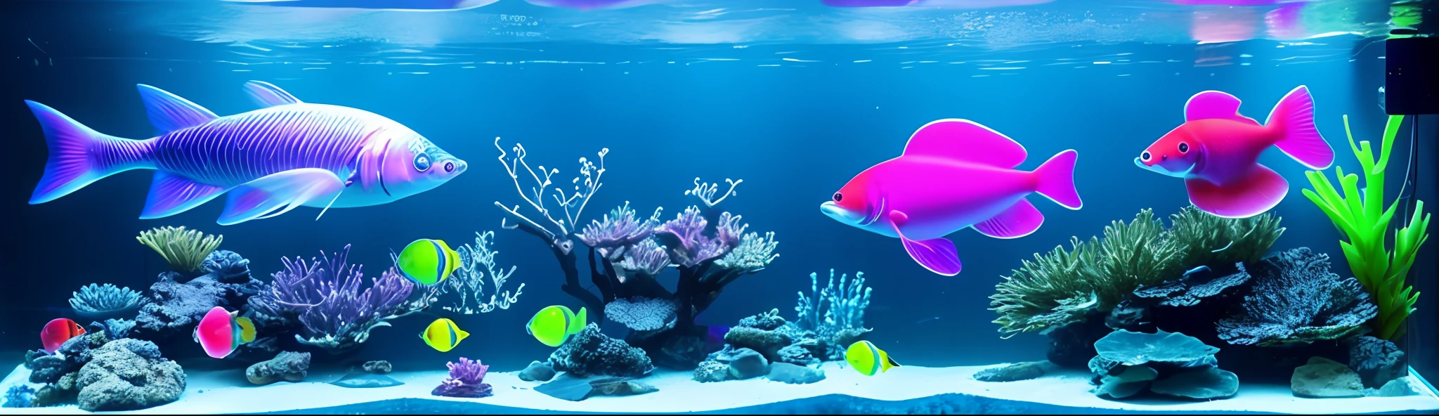 there are many fish in the aquarium with neon lights, makes the sea area glowing water, fish are glowing in the ocean, twirling glowing sea plants, underwater glow, undersea environment, underwater scene, bubbly underwater scenery, neon bioluminescence, underwater environment, volumetric underwater lighting, neon jellyfish, jelly glow, crystal clear neon water, uv blacklight
