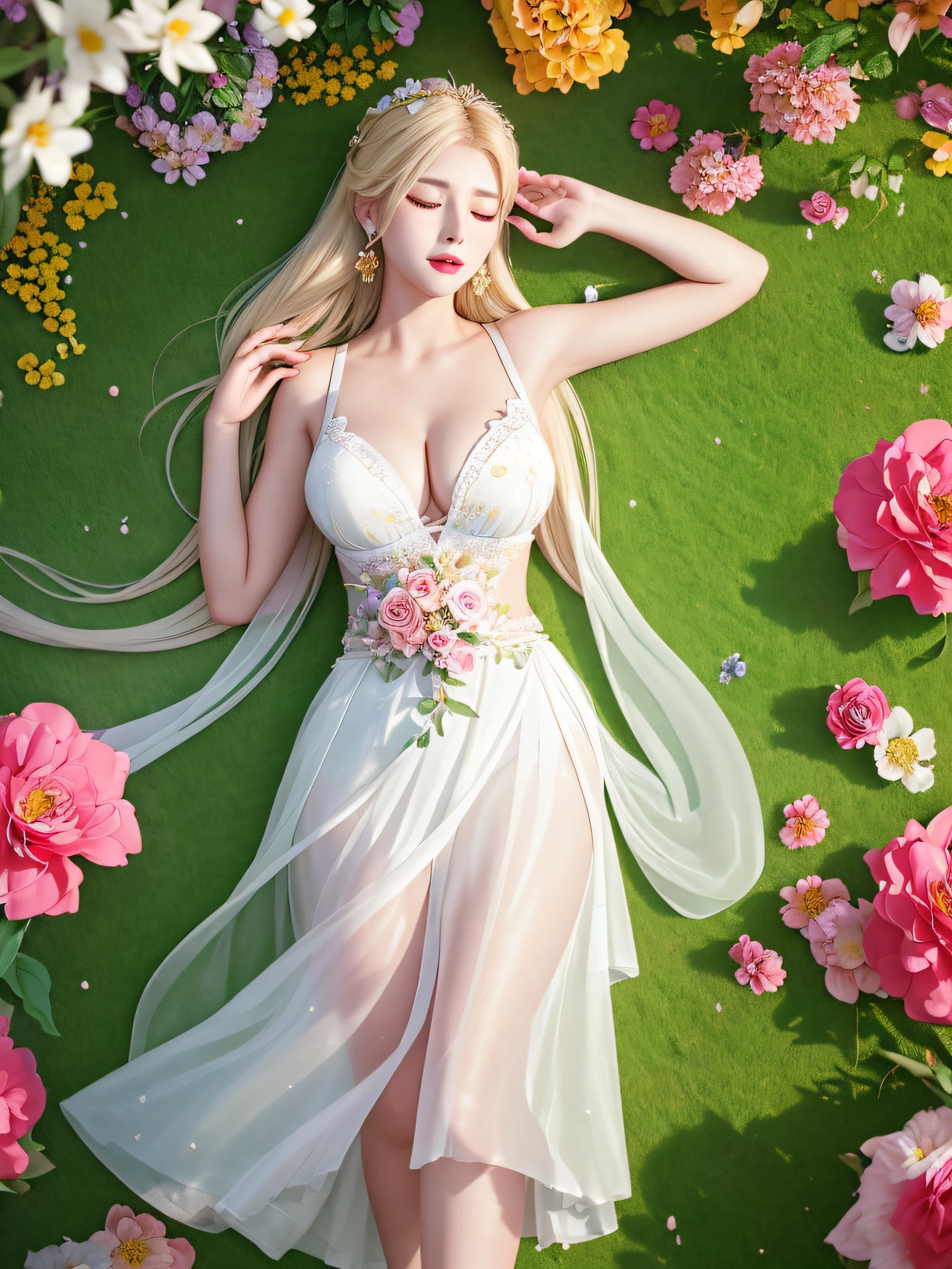 (((Female teacher lying in the flower garden)))v6, earrings, full body v6, (long golden white hair), translucent clothes, looking, superb, ultra high definition, RAW photography, realism 1.25), (bright lip gloss, long eyelashes, smooth) face, bright skin, natural shadows, wide light, wide light, depth of field, strong colors, subtle caustics: 0.8), (big), v6 ( Bra made of transparent white and red flowers, miniskirt,))), sleeveless, (eyes closed, face down)), lower body slender, behind the woman, there are various beautiful flowers (absurd, high resolution, super detailed), ((a little dirty all over, the clothes are also torn))