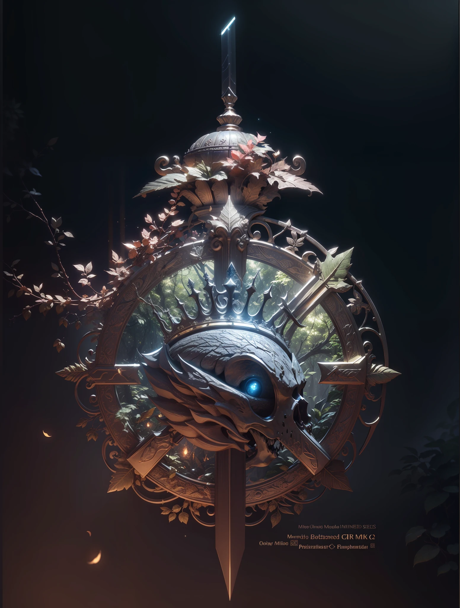Masterpiece, best quality, (very detailed CG unified 8k wallpaper), (best quality), (best illustration), (best shadow), glowing elf, (natural elements), (jungle theme), (leaves), (branches), (fireflies), (particle effects) etc. 3D, Octane rendering, ray tracing, ultra detail, metal badge, skull in the middle, double-edged sword inserted in skull, metallic red, atmosphere, prestige, crown --auto --s2