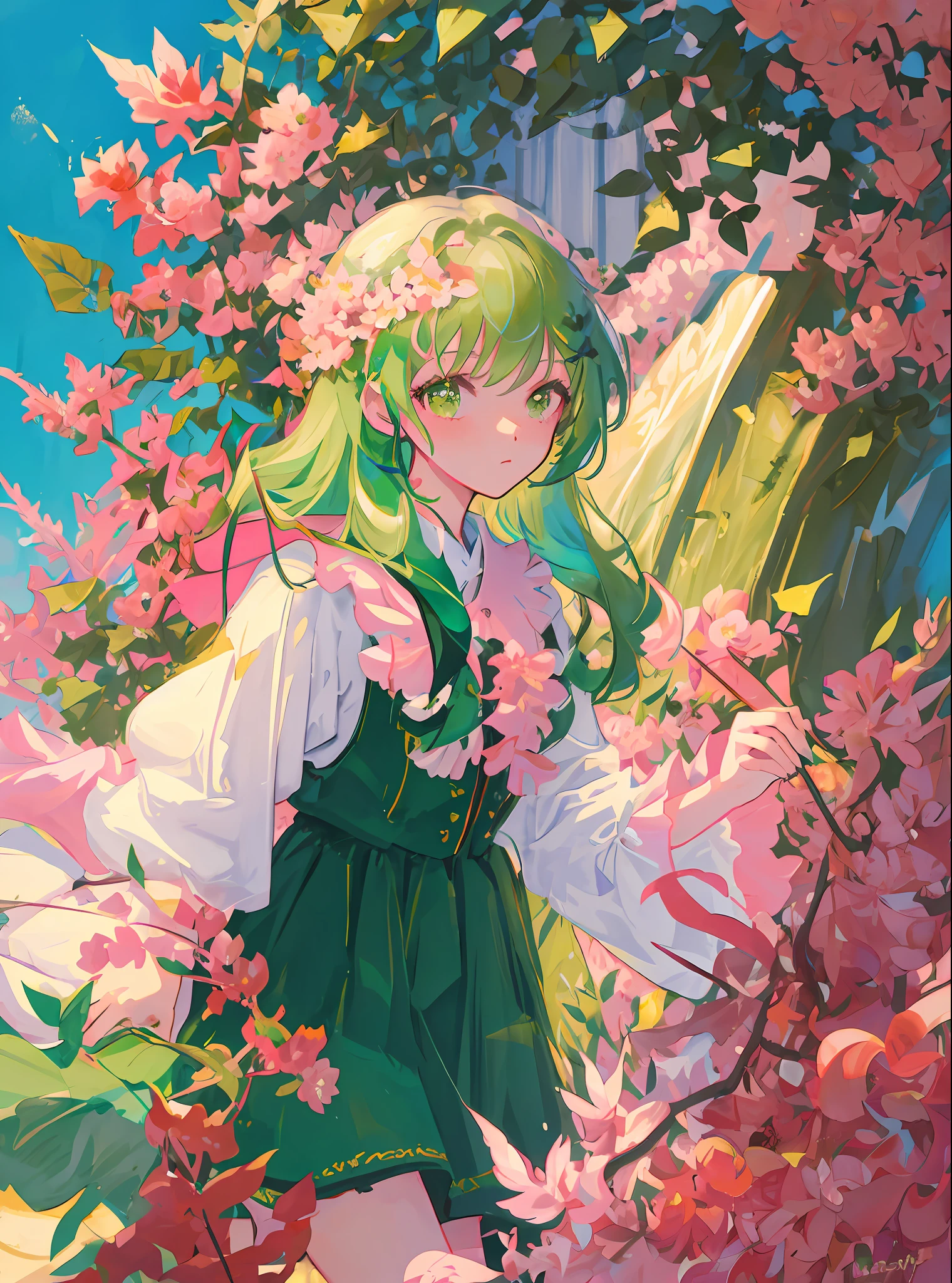 masterpiece, best quality, ultra-detailed, illustration, portrait, 1girl, Green hair, wildly floating Green hair, surrounded by pink flowers, red insects, Green leaves and pink petals