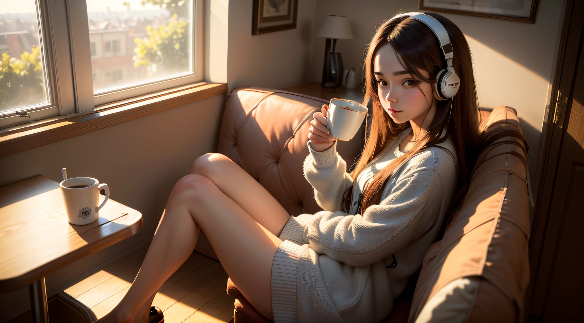 ((top quality, 8k, masterpiece: 1.3)), 1 girl, beautiful woman: 1.3, full body, (straight long hair), room wear: 1.2, (sitting facing the front in a dining chair: 1.2), sunny morning, (drinking coffee 1.2), listening to music through headphones, crisp eyes