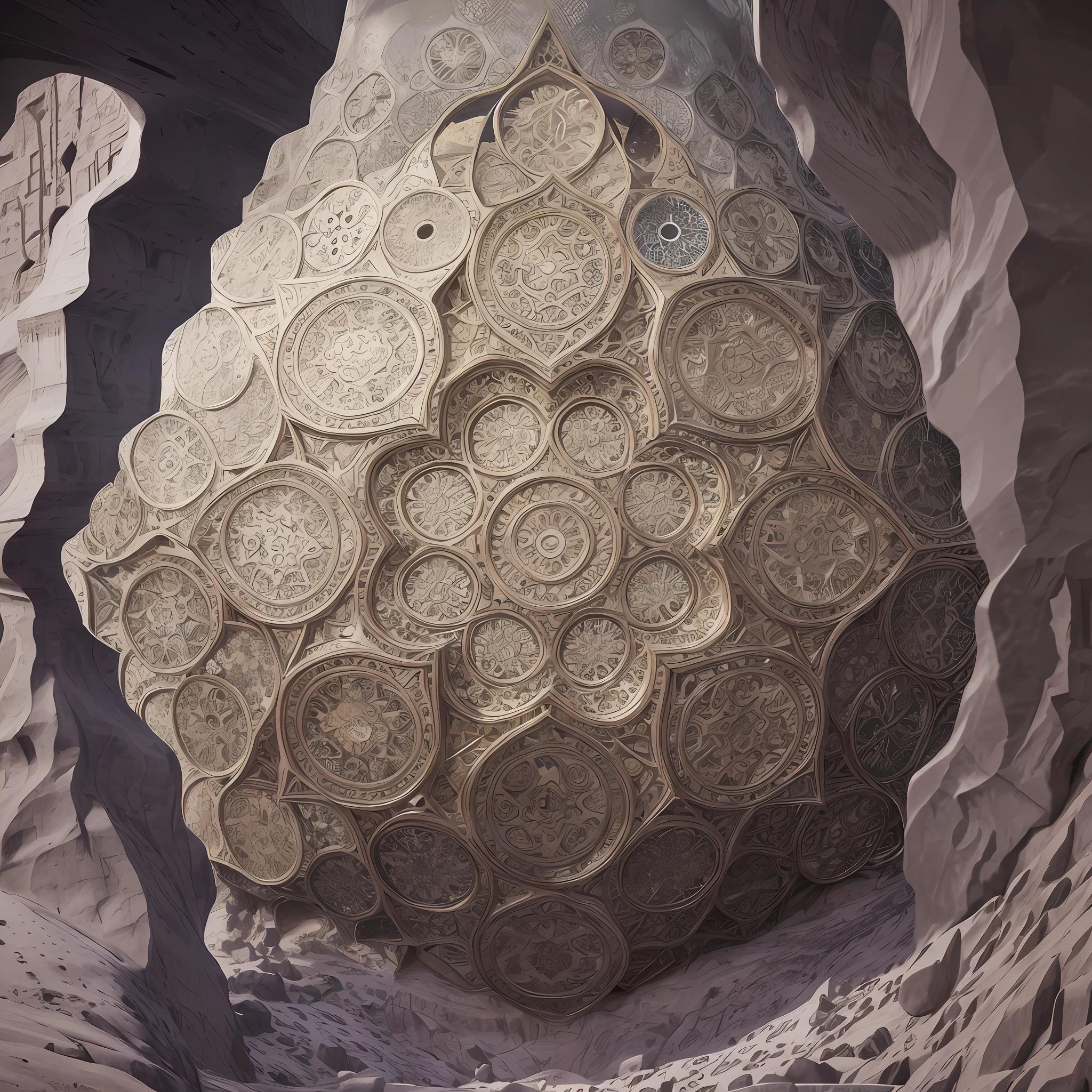Futuristic Islamic architecture design of cave architecture concept art on desert oasis, islamic architecture, proportional,detailed, cave architecture nature meets futuristic architecture by Toyo Ito ,residential area, futuristic development, high rise balconies, full of rock and glass facades, residential spaces carved from cliff side ,trending on artstation, beautiful lighting,In the style of Arabic calligraphy masterpiece, fantasy, intricate, award winning, 4k, highest quality render --auto --s2
