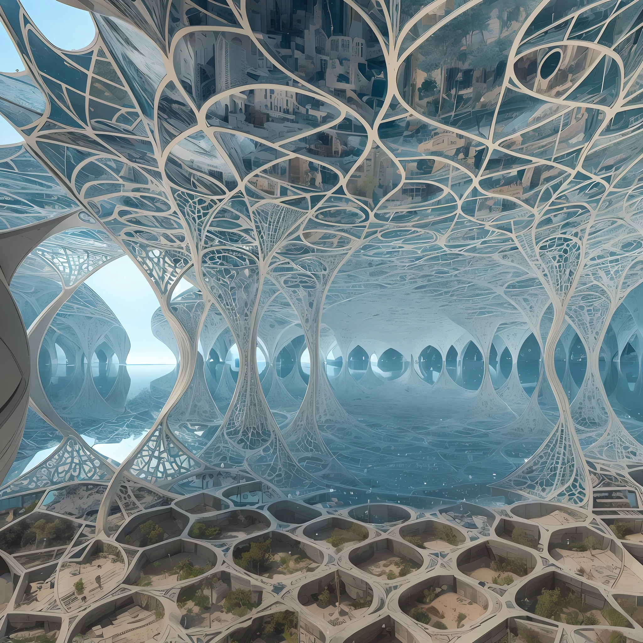 Futuristic Islamic architecture design of cave architecture concept art on desert oasis, islamic architecture, proportional,detailed, cave architecture nature meets futuristic architecture by Toyo Ito ,residential area, futuristic development, high rise balconies, full of rock and glass facades, residential spaces carved from cliff side ,trending on artstation, beautiful lighting,In the style of Arabic calligraphy masterpiece, fantasy, intricate, award winning, 4k, highest quality render --auto --s2
