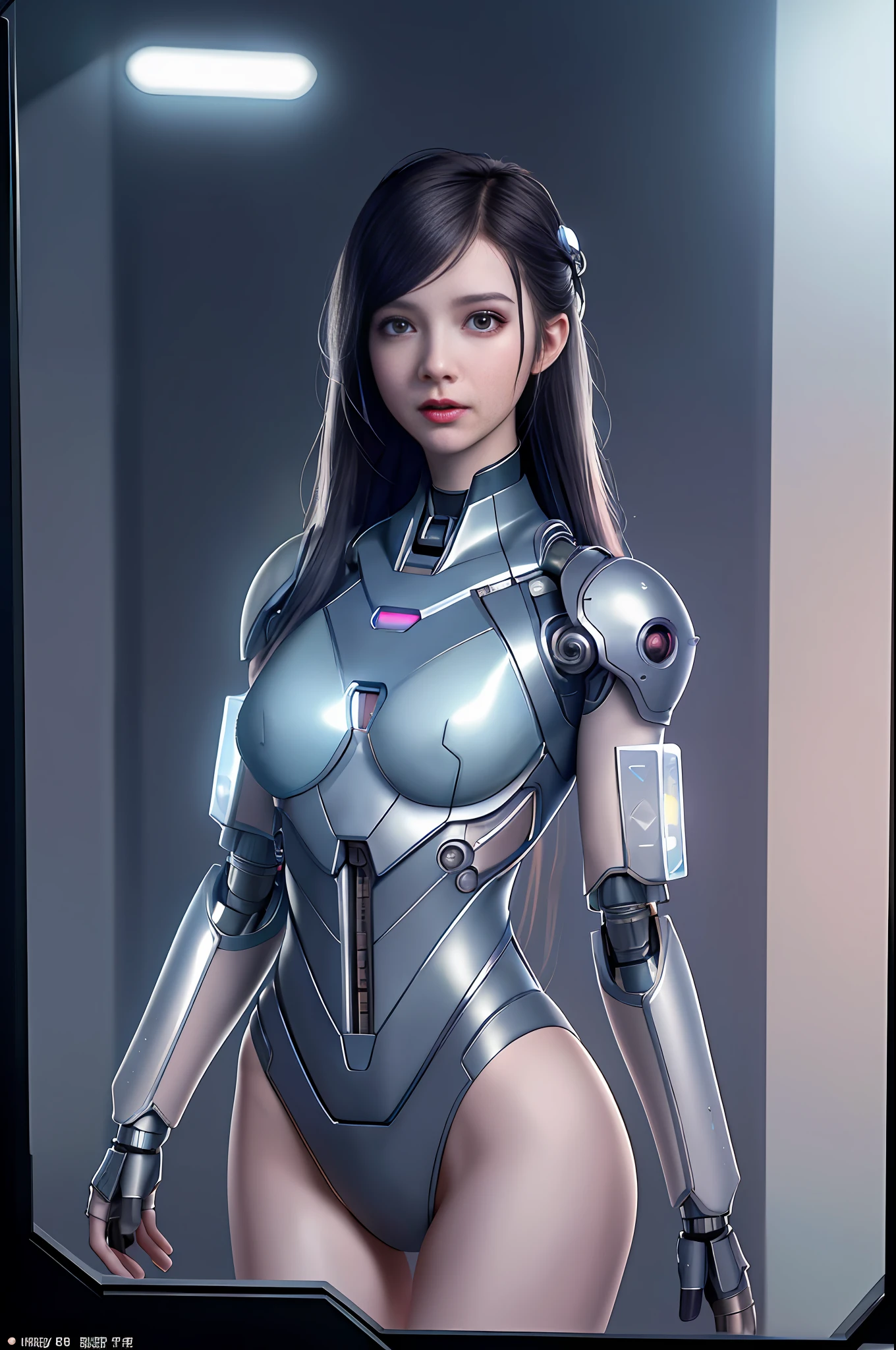 Dystopian, [sci-fi], High Detail RAW color Photo, Full Shot, of (cute female arterial intelligence, cybernetic enhancements), indoors, standing, (inside cryogenic chamber, in advanced cyberpunk research facility), toned physique, (small perky breasts, normal, large ass, (pale skin), (cybernetic implants:1.2), (augmentations), (cyborg:1.1), (detailed skin, diffused skin pores), silicone, metal, (highly detailed, fine details, intricate), (lens flare:0.4), (bloom:0.4), diffused soft lighting, raytracing, shallow depth of field, (Oliver Wetter), photographed on a Canon EOS 5D, 90mm micro lens, f/8, sharp focus, smooth, cinematic film still from Blade Runner 2049, [Cyberpunk:Dieselpunk:0.25]