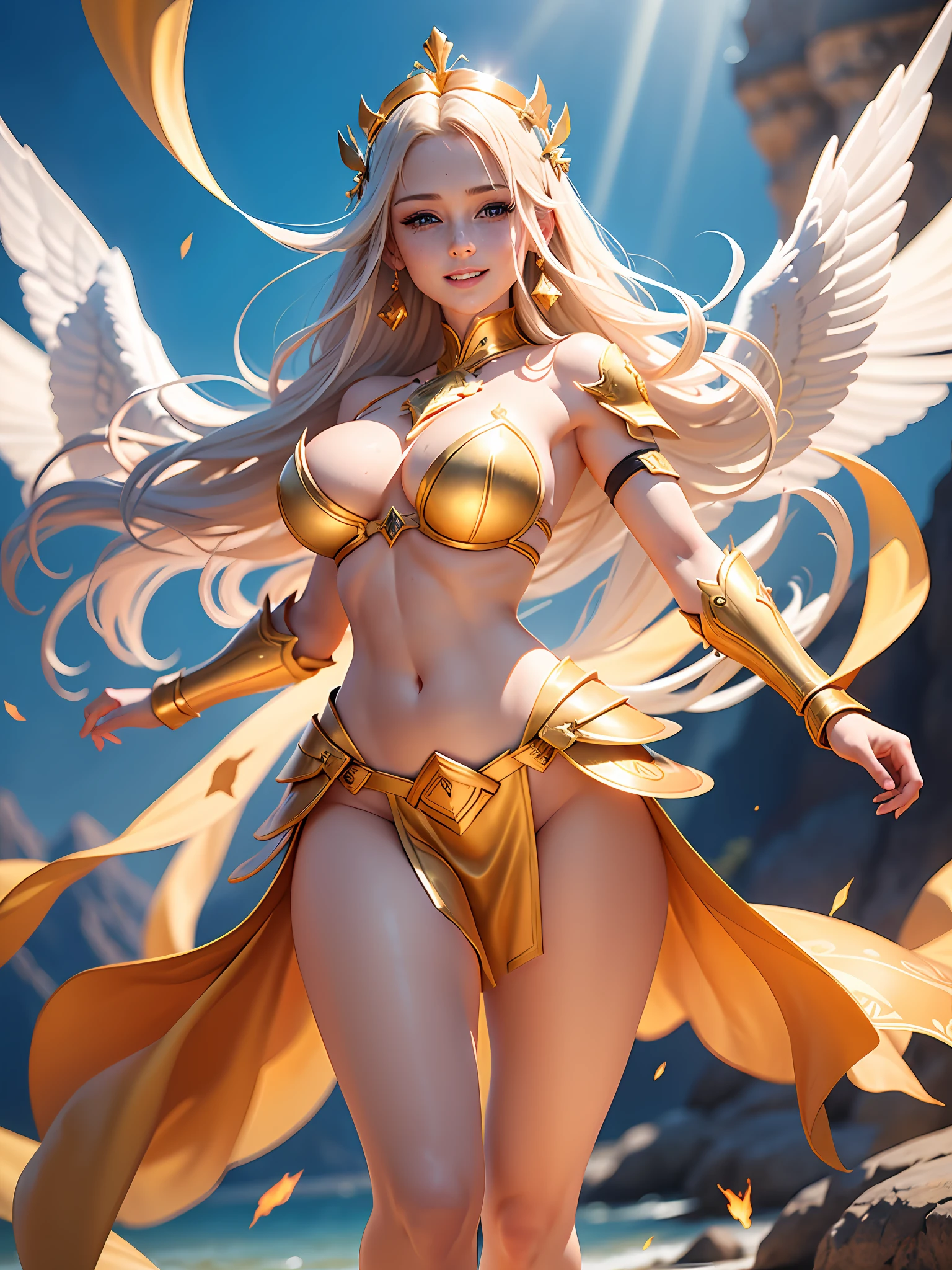 Hand-drawn illustration of a handsome angel with white hair, dynamic pose, large light blue eyes with brightness, symmetrical angelic wings, halo, illustration, watercolor sketch, (best quality)), detailed intricate, belly out, thick lips with red lipstick, lightly made up and rosy cheeks, female, thin waist, wide hips, thick legs, defined and delicate body, detailed skin,  golden tribal tattoo, sunny day, blue sky, sun rays, brightness, smiling, golden tribal tattoo, shiny golden armor with red stones, cheerful, happy, beautiful, full body, mountains in the background, golden aura, rays and fire, crystals, scorpion tattoo on belly, armor, greek goddess, tiara with jewels, earrings, bright halo, emanating energy, scorpion armor, whole body,  golden sandals up to the shin, depth, flames of fire, armor on the arms, armor on the shoulders, armor on the waist, warrior amazon, warrior, amazon, queen, wrapped in transparent fabric, knights of the zodiac, wet, water drops, wet hair, wet skin, rays of light coming out of your clothes, wearing a crown, large breasts, bikini brand, tan, swollen breasts,  tanned with bikini brand, big heaving breasts, tattooed, very large breasts, transparent fabric, fighting pose, catching fire, heaving chest, powerful, power, lightning, fire, balls of light