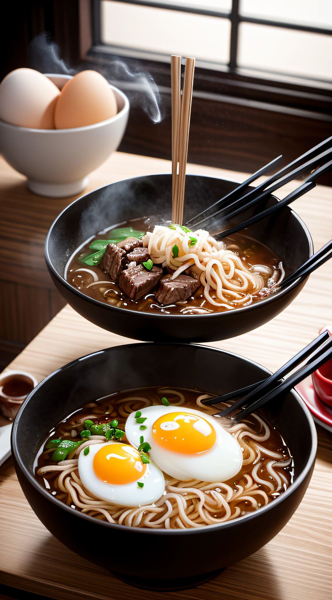 Super delicate 8k CG, beef noodles, chopsticks, eggs, steam