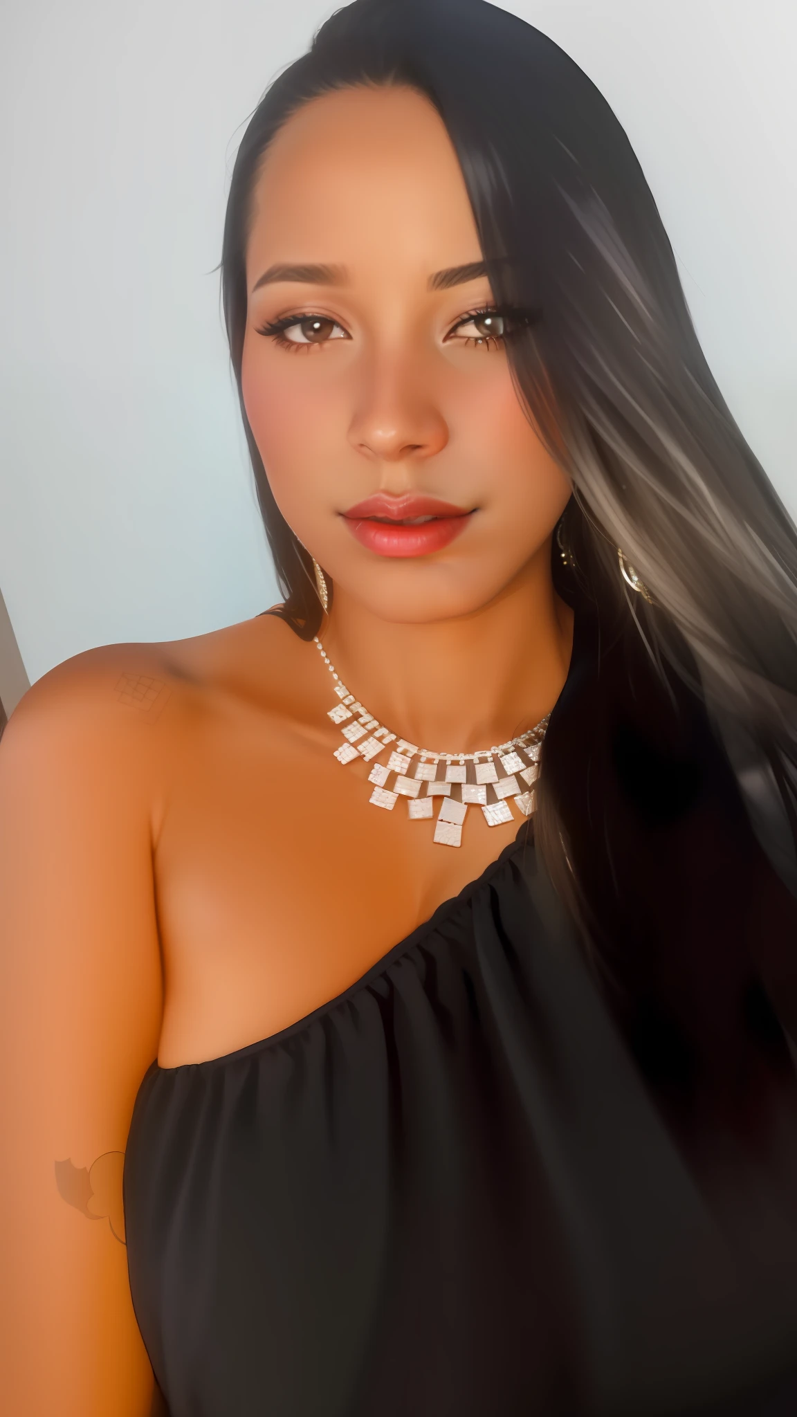 there is a woman with long black hair wearing a necklace, 30-year-old woman from cuba, alanis guillen, by Gina Pellón, looks like fabiula nascimento, profile image, inspired by Gina Pellón, sultry look, with straight black hair, beautiful tan mexican woman, 💋 💄 👠 👗, ayahausca