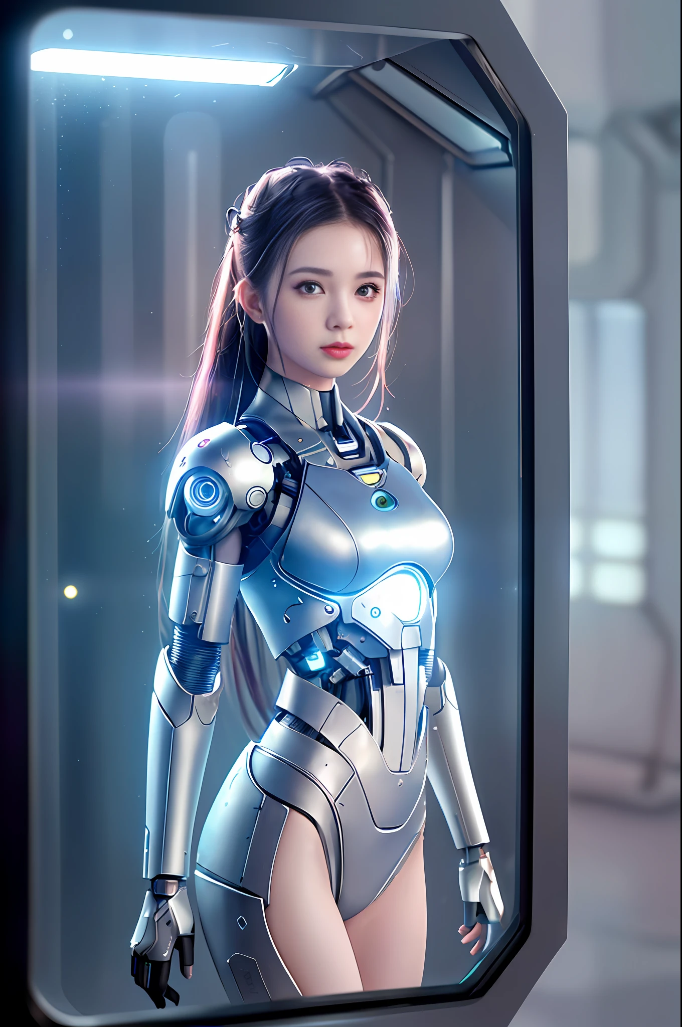 Dystopian, [sci-fi], High Detail RAW color Photo, Full Shot, of (cute female arterial intelligence, cybernetic enhancements), indoors, standing, (inside cryogenic chamber, in advanced cyberpunk research facility), toned physique, (small perky breasts, normal, large ass, (pale skin), (cybernetic implants:1.2), (augmentations), (cyborg:1.1), (detailed skin, diffused skin pores), silicone, metal, (highly detailed, fine details, intricate), (lens flare:0.4), (bloom:0.4), diffused soft lighting, raytracing, shallow depth of field, (Oliver Wetter), photographed on a Canon EOS 5D, 90mm micro lens, f/8, sharp focus, smooth, cinematic film still from Blade Runner 2049, [Cyberpunk:Dieselpunk:0.25]
