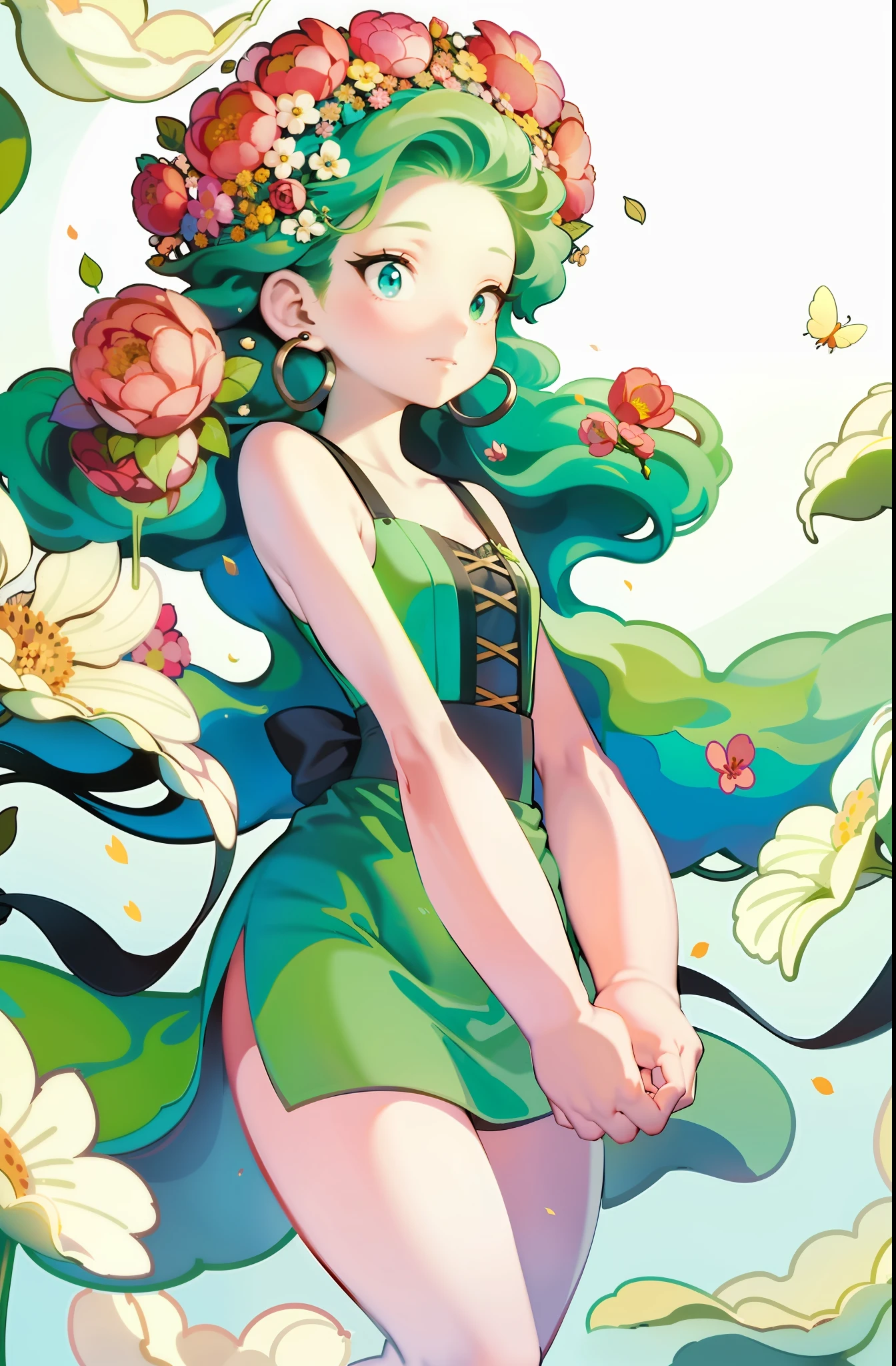 1girl, wildly floating green hair, forest background, surrounded by flowers, insects and pink petals