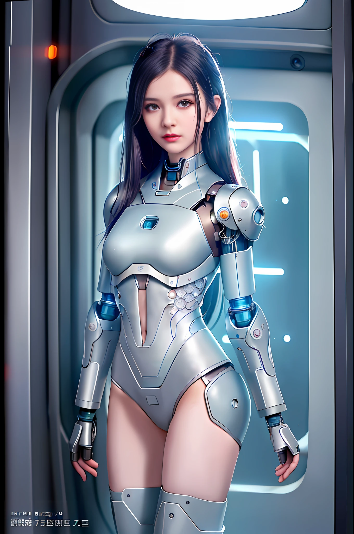 Dystopian, [sci-fi], High Detail RAW color Photo, Full Shot, of (cute female arterial intelligence, cybernetic enhancements), indoors, standing, (inside cryogenic chamber, in advanced cyberpunk research facility), toned physique, (small perky breasts, normal, large ass, (pale skin), (cybernetic implants:1.2), (augmentations), (cyborg:1.1), (detailed skin, diffused skin pores), silicone, metal, (highly detailed, fine details, intricate), (lens flare:0.4), (bloom:0.4), diffused soft lighting, raytracing, shallow depth of field, (Oliver Wetter), photographed on a Canon EOS 5D, 90mm micro lens, f/8, sharp focus, smooth, cinematic film still from Blade Runner 2049, [Cyberpunk:Dieselpunk:0.25]