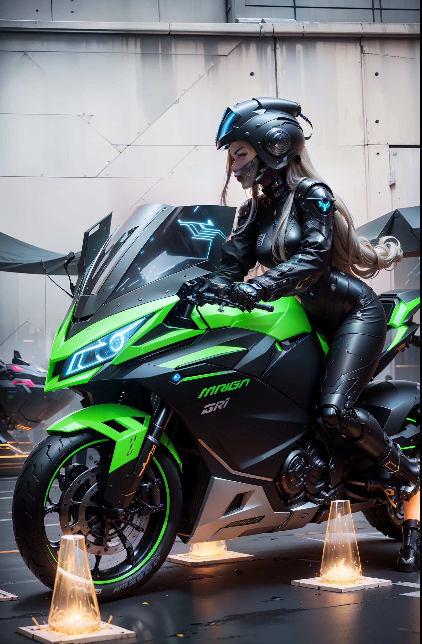 Cyber Female Warrior and Cyber Mechanical Motorcycle with long blonde hair. Full body exquisite high-tech armor, exquisite black tech helmet, Nousr, biomechanics, MSHN robot man, high-tech helmet, surreal, steel, intricate design, crazy details, fine details, extremely clear lines, cinematic lighting, photo realism, detailed masterpiece