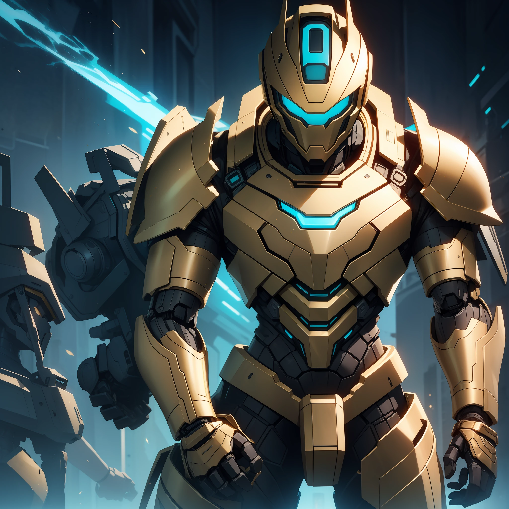 30-year-old man, Heroic-looking bronze robotic armor, cyan visor, bronze robotic helmet, mechanical bow in right hand