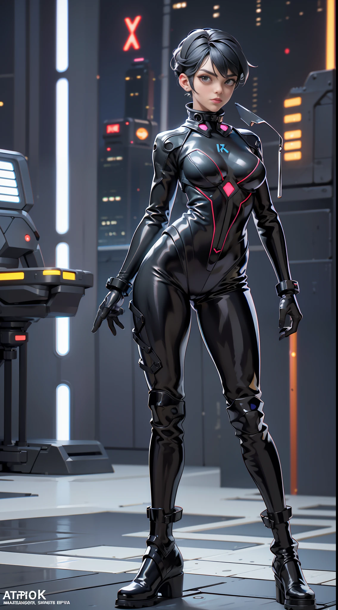 solo, super fine photo, full body picture Unreal Engine 5 8K UHD of a girl in a skin tight futuristic black latex Evangelion plug suit, slick black catsuit, black iconic character, smooth black skin, black body, PVC, glossy latex suit, rubber suit, rubber belts, collar, rubber glove, high boots, arm and leg cuffs, straps, best quality, masterpiece, official art, unified 8k wallpaper, super detailed, sharp focus, girl and sexy pose, body parts