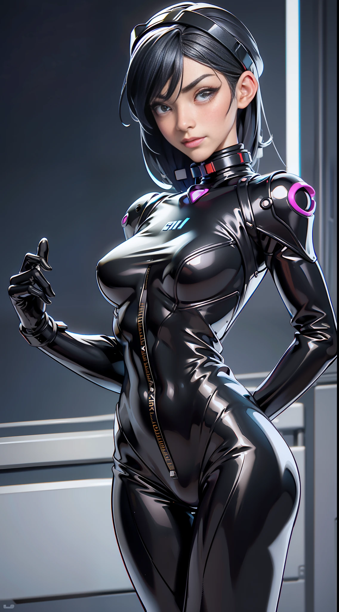 solo, super fine photo, full body picture Unreal Engine 5 8K UHD of a girl in a skin tight futuristic black latex Evangelion plug suit, slick black catsuit, black iconic character, smooth black skin, black body, PVC, glossy latex suit, rubber suit, rubber belts, collar, rubber glove, high boots, arm and leg cuffs, straps, best quality, masterpiece, official art, unified 8k wallpaper, super detailed, sharp focus, girl and sexy pose, body parts
