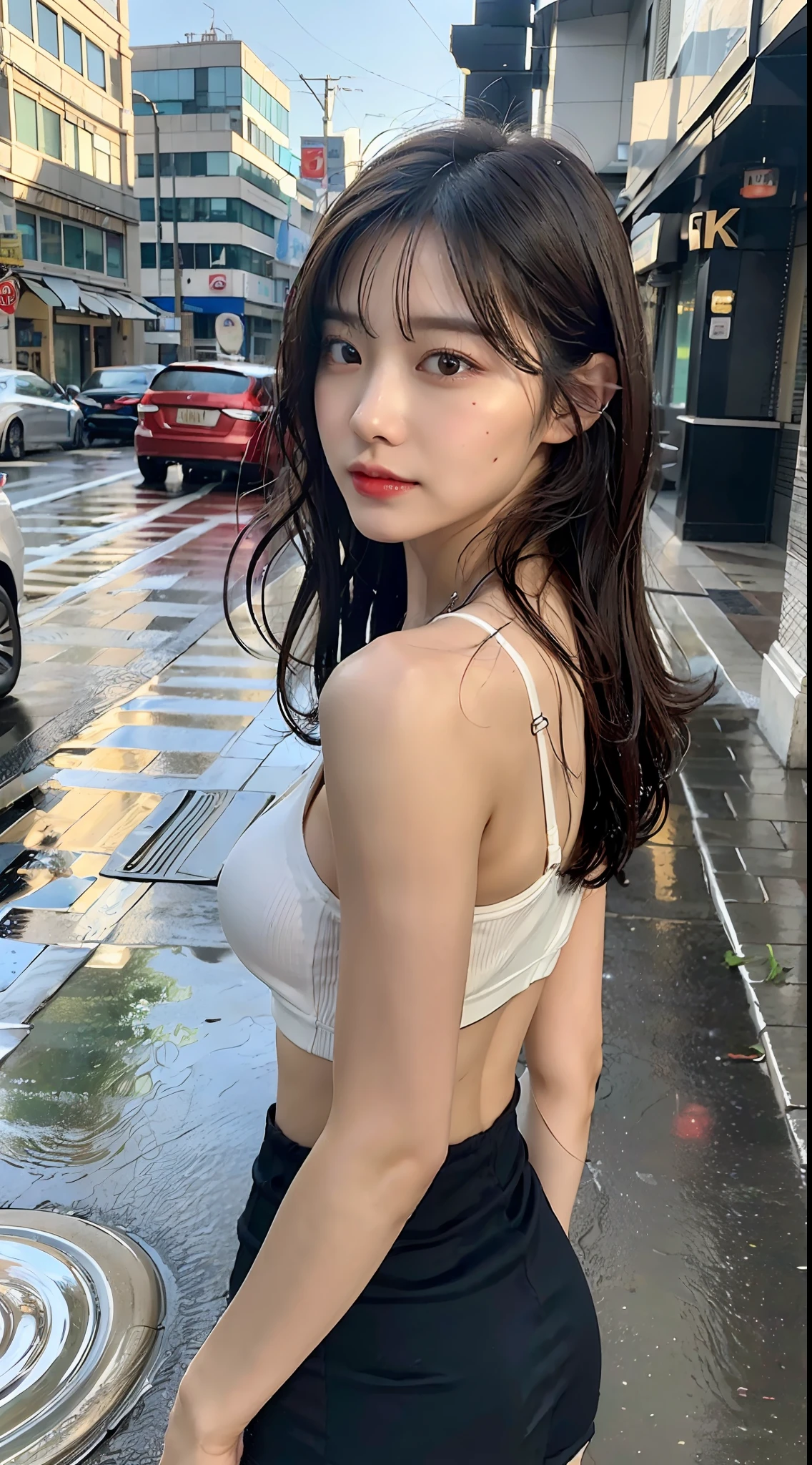 ((Best Quality, 8k, Masterpiece:1.3)), Focus: 1.2, Perfect Body Beauty: 1.4, Buttocks: 1.2, ((Layered Haircut, Breasts: 1.2)), (Wet Clothes: 1.5) , (Rain, Street:1.3), Super Sexy Ultra-Short Clear Patch: 1.1, Highly detailed face and skin texture, Fine eyes, Double eyelids, Whitened skin, Long hair