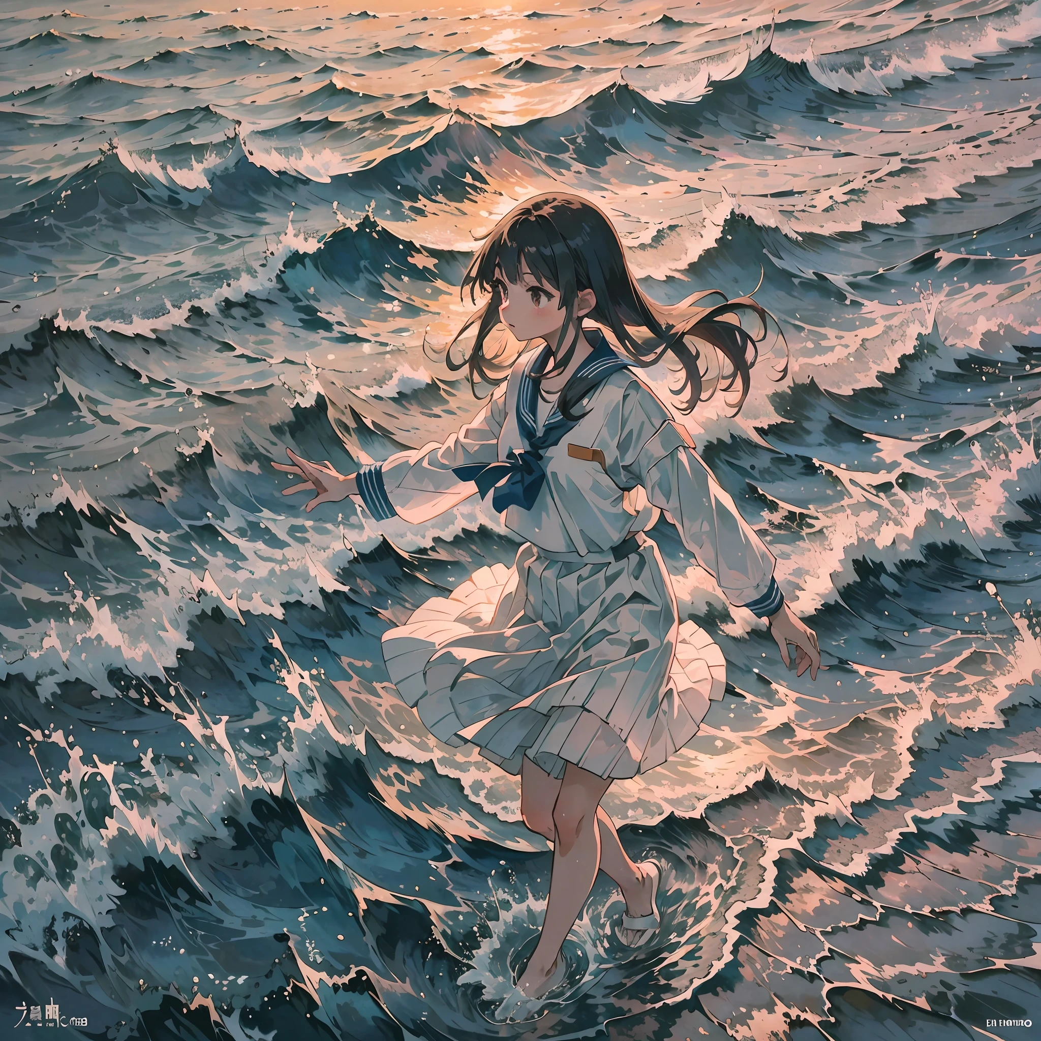 Yoneyama dance style, sunset by the sea, high school sailor suit girl, stepping in the sea, facing the back of the sea, holding shoes in her left hand and carrying a shoulder schoolbag on her shoulder --auto --s2