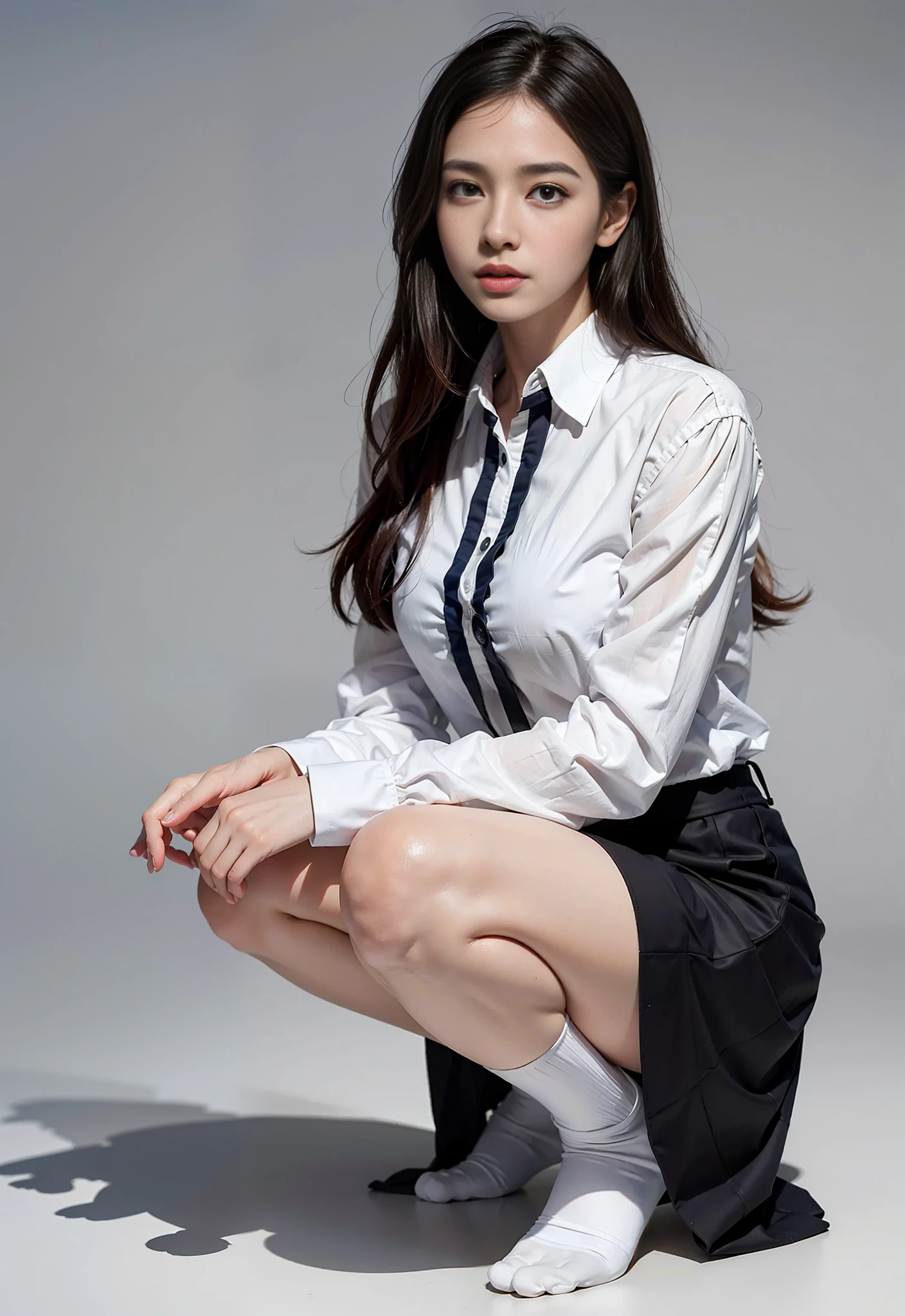 (Photoreal: 1.4), (Hyperrealistic: 1.4), (Realistic: 1.3), (Smooth Lighting: 1.05), (Improved Cinematic Lighting Quality: 0.9), 32K, 1 female, 24 year old female, Realistic lighting, Backlight, Face Lights, Ray Tracking, (Bright Light: 1.2), (Quality Improvement: 1.4), ( Top quality realistic textured skin: 1.4), fine detailed eyes, detailed face, fine quality eyes, dark brown eyes, (tired, sleepy and satisfied: 0.0), pale lighting, white background, white blouse, dark blue tight skirt, dark brown hair, squatting holding knees, white silk socks, pumps