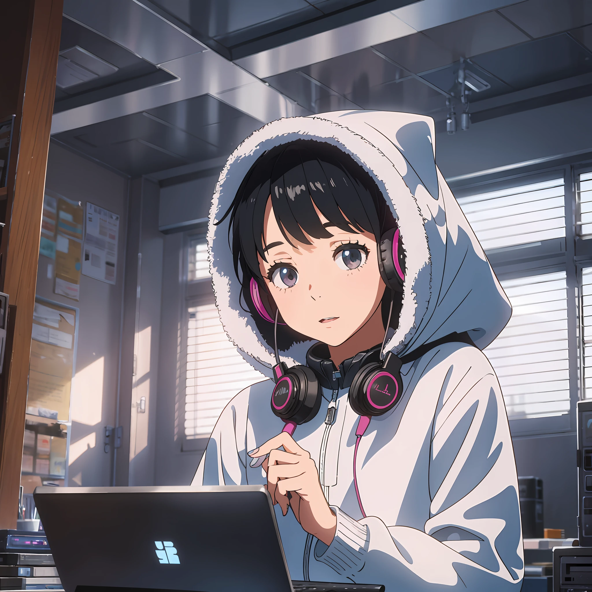 A girl playing on a PC computer in the sky room,earphone, wearing cold clothing --auto --s2