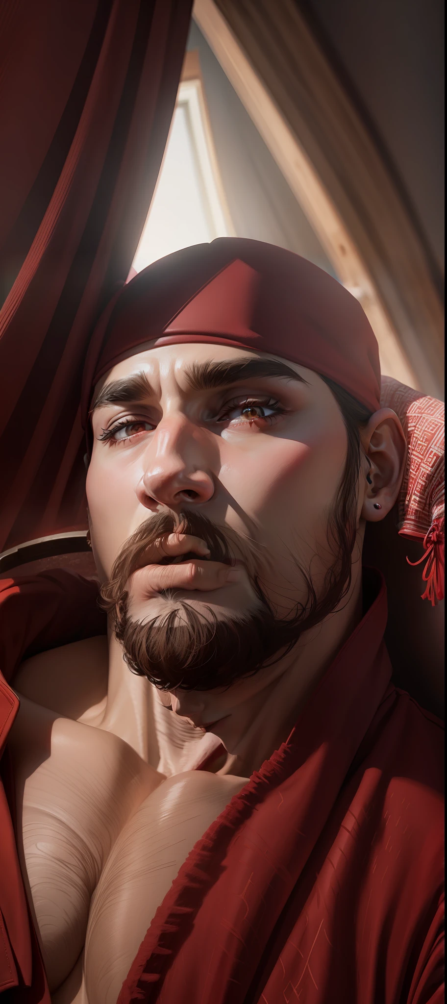 Red bathrobe with suede hat