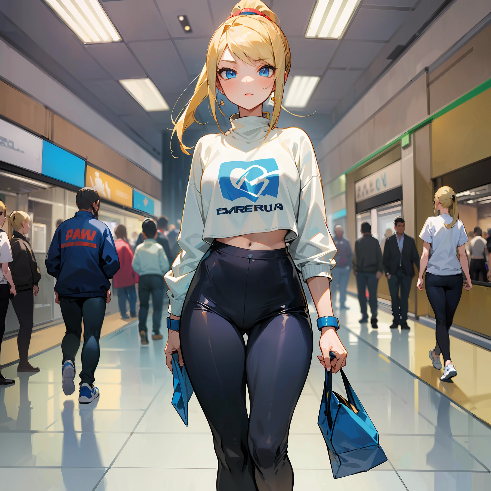 (masterpiece, best quality) 1.5, 1girl, solo, (sexy, beautiful woman, perfect face, perfect eyes), samus aran, black legging pants, blue sweatshirt, white sneakers, walking in the mall, (blue eyes, blonde hair, ponytail) --auto --s2