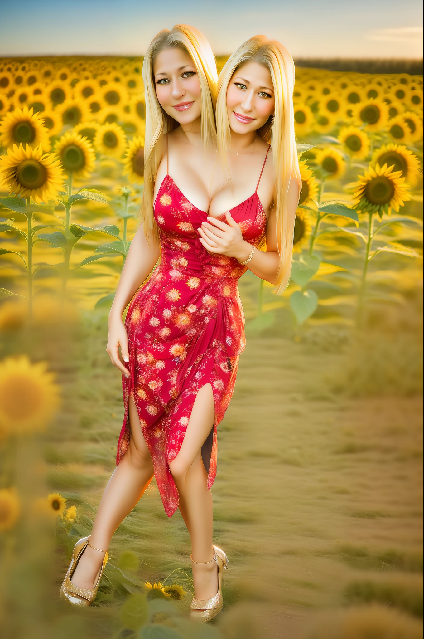 2heads,a photo of anna kournikova,(medium shot),posing in an sunflower field at golden hour, a wearing a floral dress (slip on heels),(nice hands,perfect hands),long fingernails,fit body,(busty:0.8),(curvy hips:0.8),ultra high res,ultra detailed