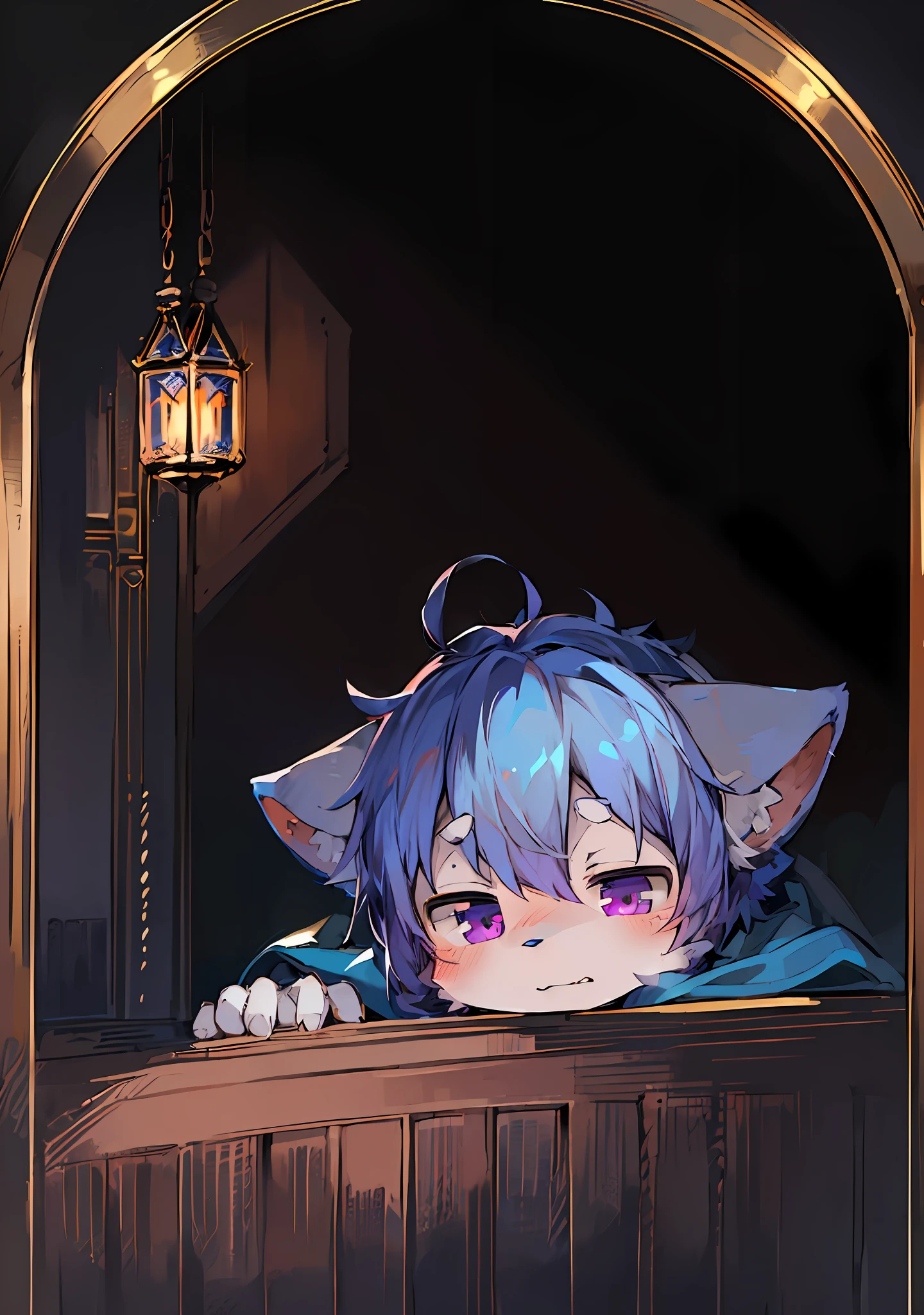 (Dark Environment: 0.8), Masterpiece, High Quality, Abstract Res, Digital Painting\(artwork\), by Dagasi, Yupa, Kiyosan, (Anthro, Fluffy Fur, Character Focus: 1.1), Anthro Male Cat, Short Hair, Portrait , bright eyes, panorama, character focus. (detailed background: 0.7), solo, furry, furry male, male focus, anthr, (full body fur, fluffy tail, blue and white fur, purple eyes, blue hair: 1.2), (long canine, vampire, cape: 1.2), (interior, night, castle, room, bed: 1.1) shy blushing, half-closed eyes