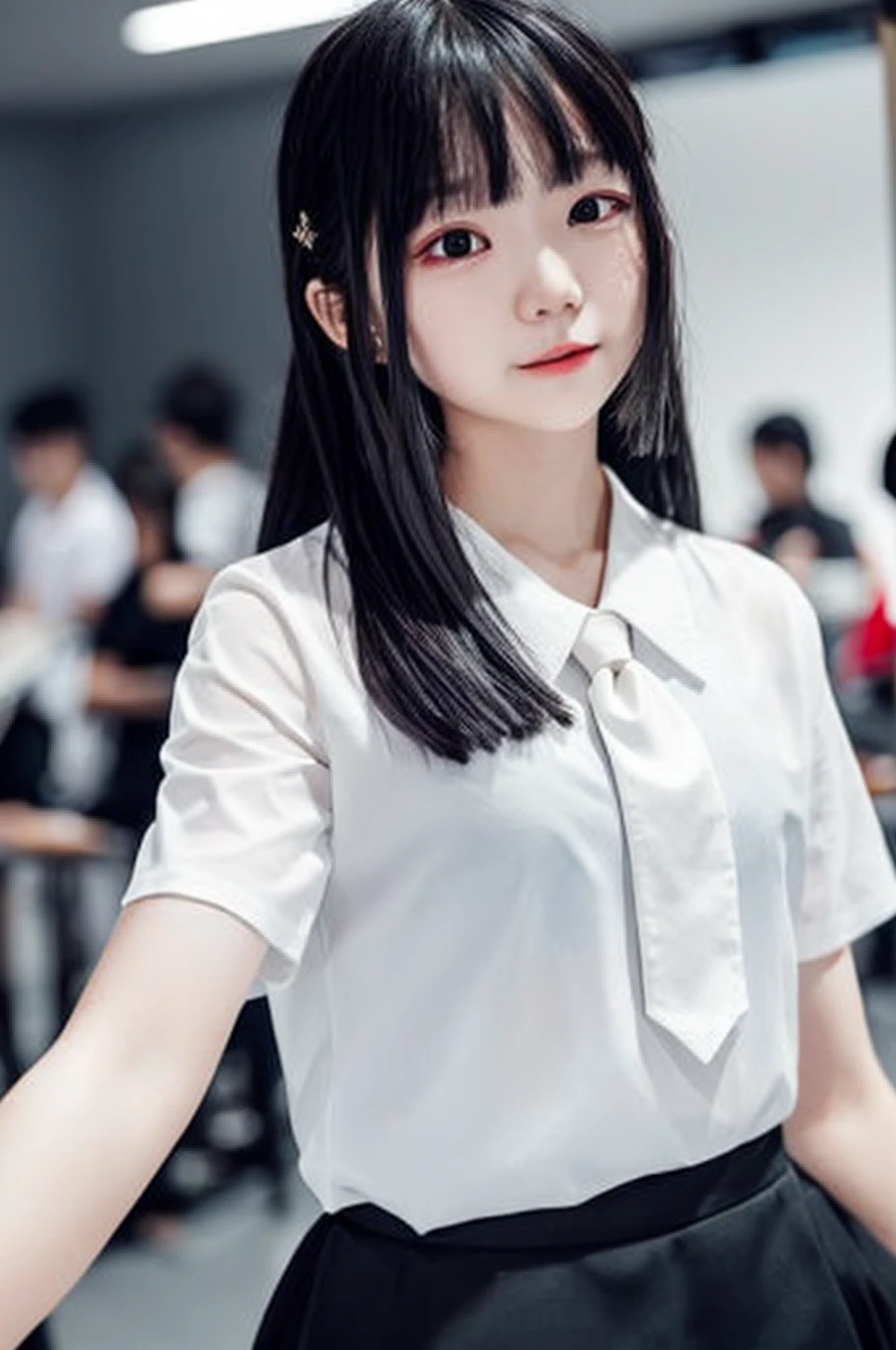 Masterpiece, best quality, 1girl, solo, bangs, upper body, tie, looking at the audience, long hair, shirt, black eyes, short sleeves, blurred background, blurred, upper body, white shirt, black tie