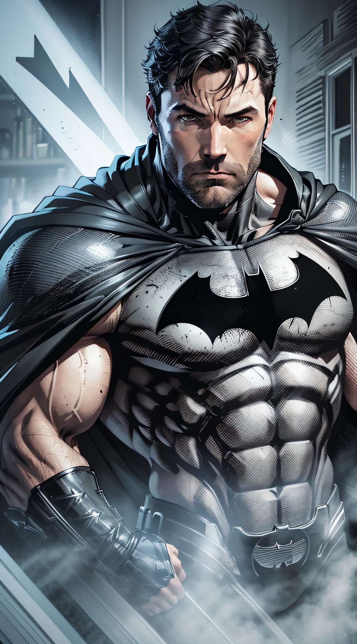 1 man, solo, Ben Affleck as Batman, tall, hunk, muscular, bulk, wide shoulder, photorealism, dark dirty grey suit, dark grey arms, ((no mask)), mask off, black hair, black gloves, best quality, masterpiece, high resolution:1.2, black cape, high detailed mask, high detailed suit, high detailed face, award winning, night time, a dark cave in the background, indoors