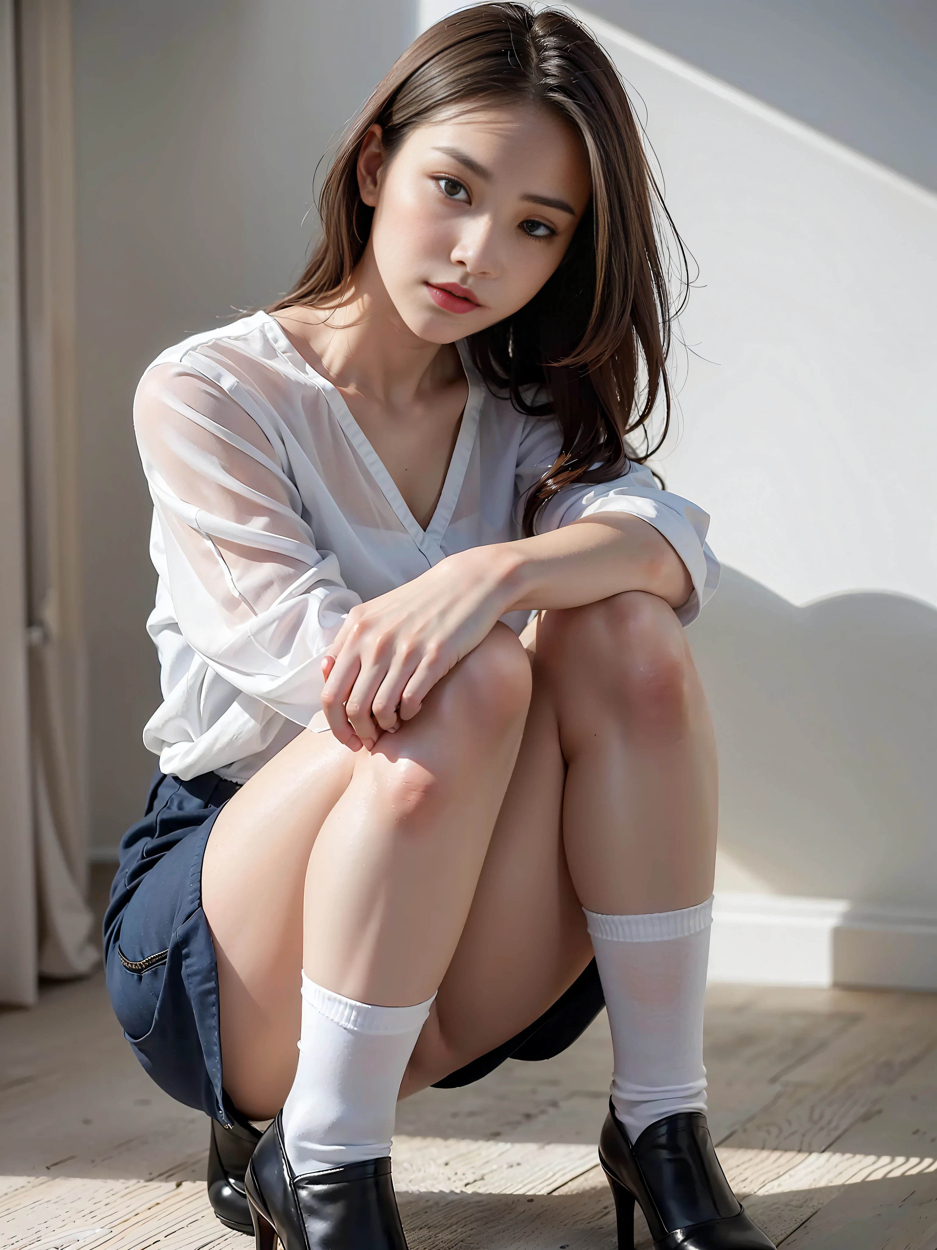 (Photoreal: 1.4), (Hyperrealistic: 1.4), (Realistic: 1.3), (Smooth Lighting: 1.05), (Improved cinematic lighting quality: 0.9), 32K, 1 female, 24 year old business woman, squatting on her knees, Realistic lighting, Backlight, Face lights, Ray Tracking, (Bright light: 1.2), ( Quality improvement: 1.4), (highest quality realistic texture skin: 1.4), fine detailed eyes, detailed face, fine quality eyes, dark brown eyes, (tired, sleepy and satisfied: 0.0), white blouse, dark blue tight skirt with slit on the side without body fitting ornament, dark brown hair, pure white silk socks, black strap pumps, light indoor white wall background