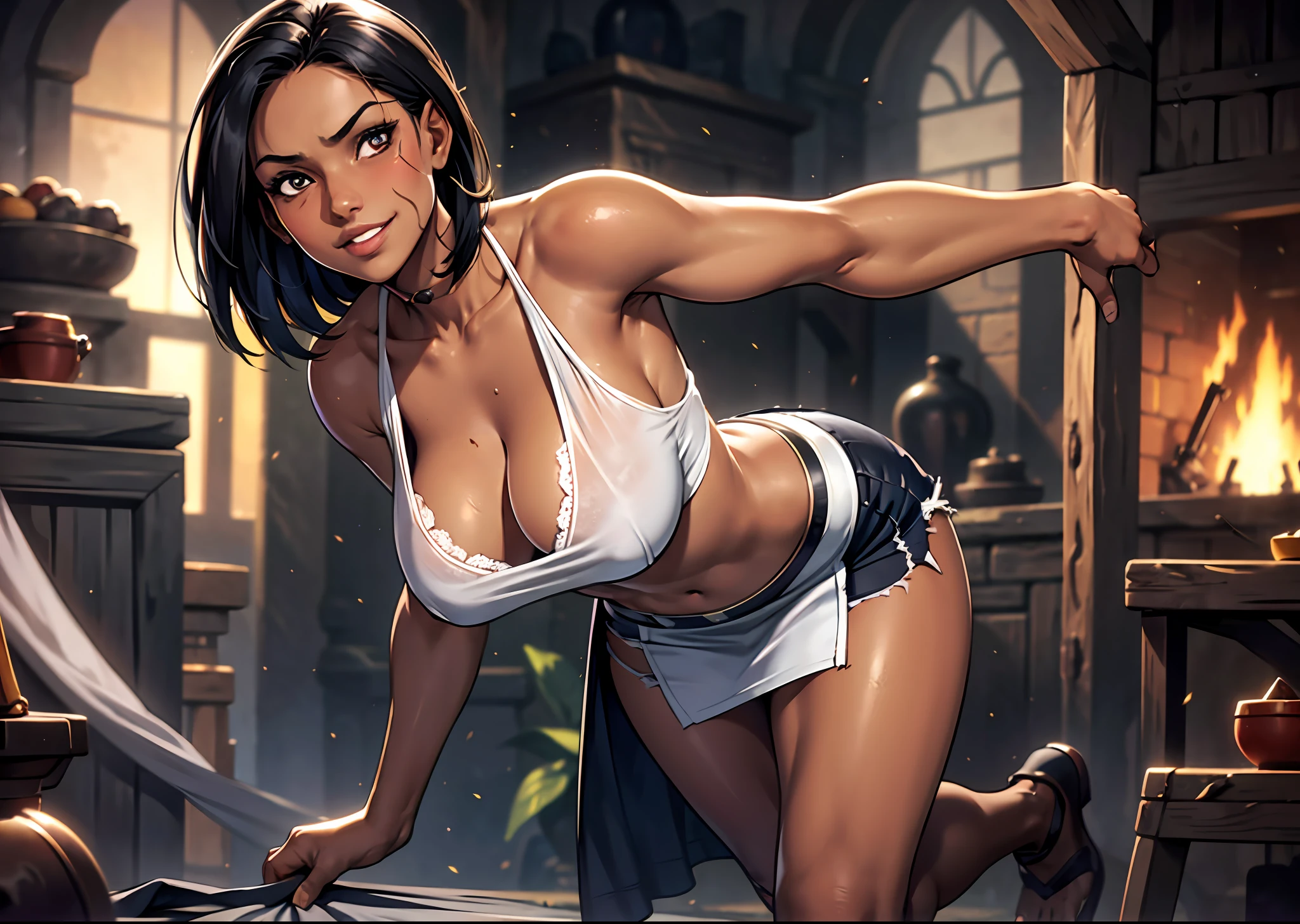 Rapunzel , tanned black skin, , extremely torn linen clothes, no bra, no blouse,in a paria, beautiful medium breasts,, extremely torn microskirts, full body, short skirts, perfect,, black hair, sexy poses, beautiful smile, ,,, 16k, hdr