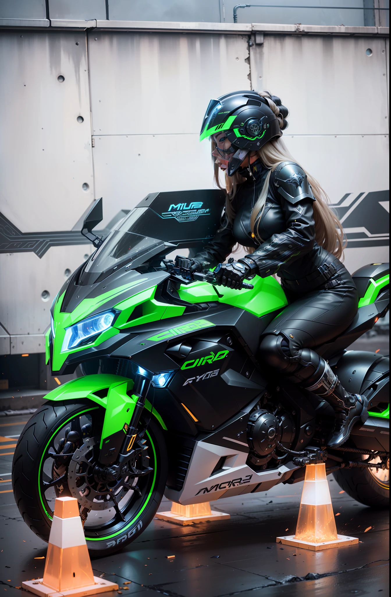 Cyber Female Warrior and Cyber Mechanical Motorcycle with long blonde hair. Full body exquisite high-tech armor, exquisite black tech helmet, Nousr, biomechanics, MSHN robot man, high-tech helmet, surreal, steel, intricate design, crazy details, fine details, extremely clear lines, cinematic lighting, photo realism, detailed masterpiece