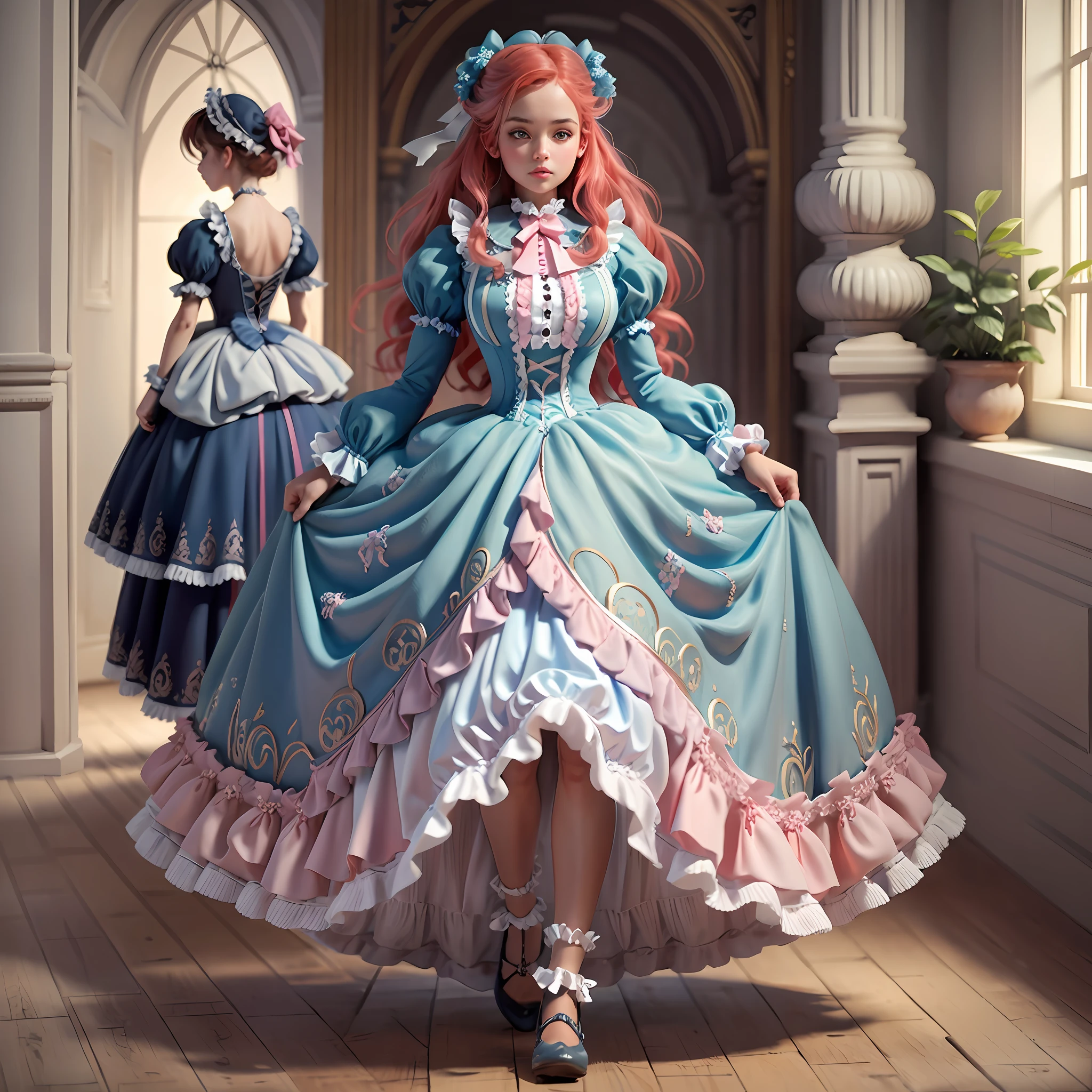 best quality, masterpiece, best definition, artwork, super detailed, many details, details, detailed, woman, 20 years, full body, full body, ball gown, super detailed dress, long dress, dress with many ruffles, dress with many bows, pink bows, victorian dress, detailed victorian dress, victorian dress with bows, pink, ruffles, many ruffles, very bulky dress,  light blue dress, dress with ruffles, bows, many bows, woman, full body, red hair.