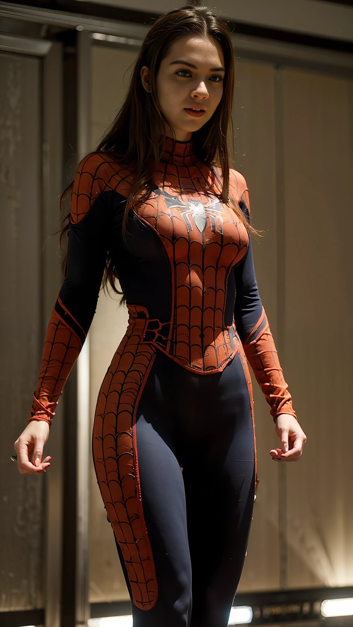 (maximum definition, supreme quality, illustration of incredible detail), Spider-Man costume dress, well-proportioned woman body, large breasts (woman, heroine), dynamic focus, energetic movement, attractive camera angle.