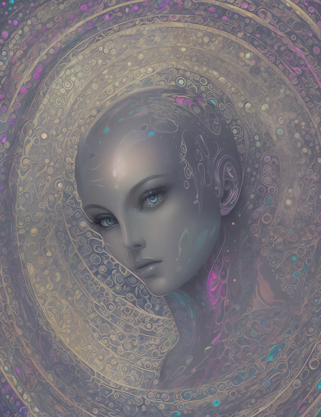 ((Best quality)), an inter-dimensional alien with skin made of multi-colored pearlescent snake scales, holographic, sparkling, mirror effect, Zentangled, by Joe Fenton, by Drew Brophy, t-shirt design, vector art, white background --auto --s2