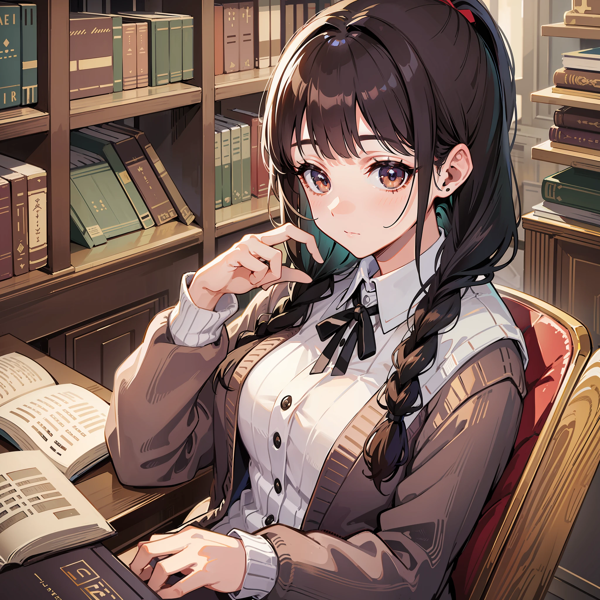 The best picture quality, super detailed light and shadow, rich literary style cute girl sitting in a quiet library, coiled neatly black and brown two-color hair on a high ponytail tied a pair of delicate single braids, eyes slightly narrowed, brown huge eyes are very charming, wearing a cardigan sweater, particularly charming, playful and beautiful, elegantly integrated into the quiet atmosphere of the library, full of literary atmosphere, blunt bangs cover the forehead