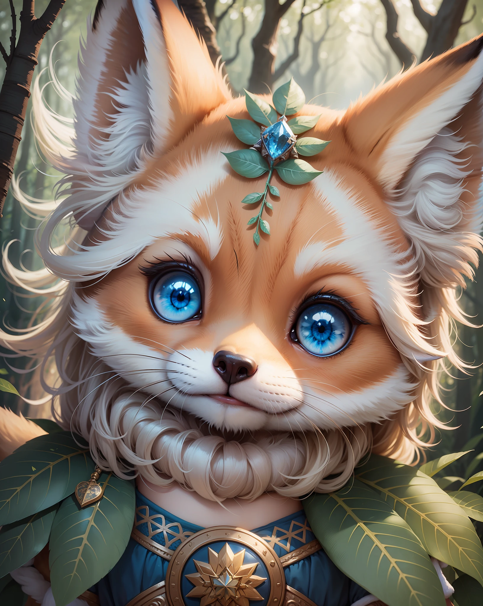 Portrait of an adorable cute  fox Disney style, with blue eyes, intricate details, in a forest
