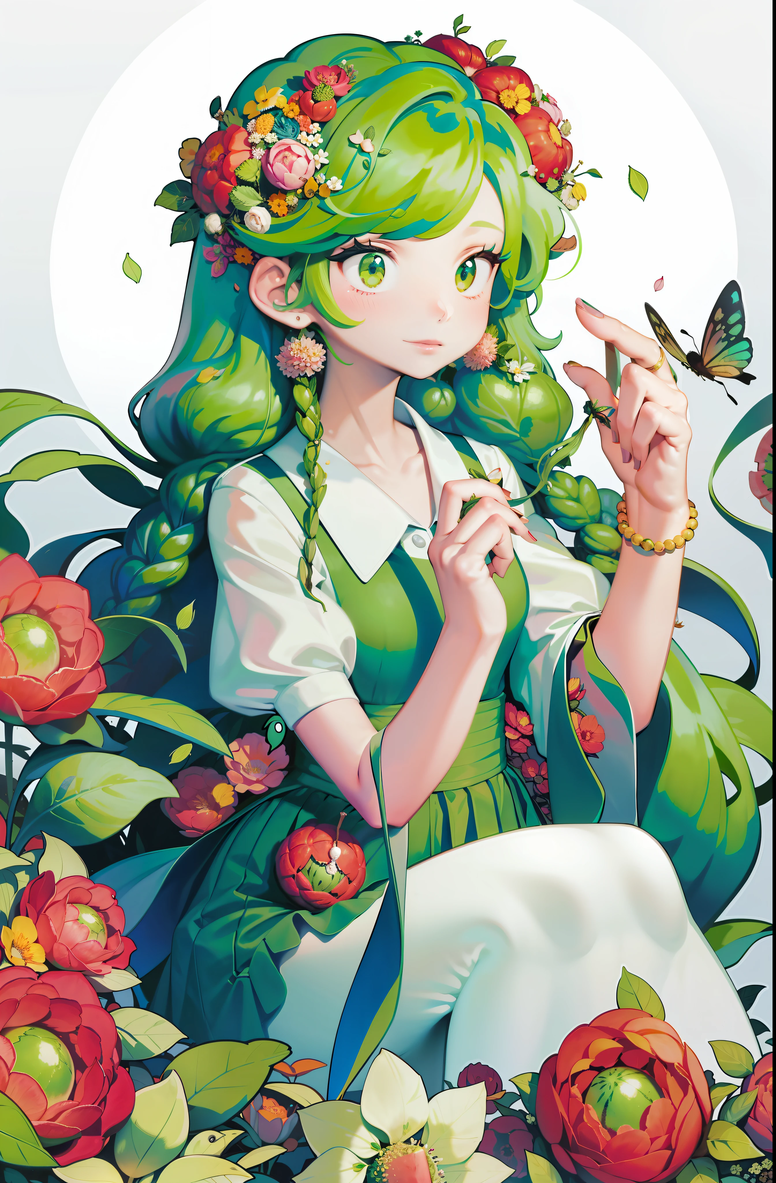 1girl, green hair, (watermelon), forest background, surrounded by flowers, insects and petals