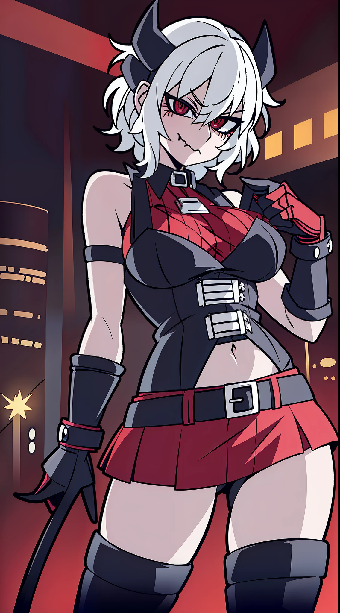 1girl, look at viewer, cute, breast, full body, Helltaker, detailed lighting, detailed body, detailed hair, detailed, masterpiece, red eyes, glowing eyes, night, torn red tank top, black mini-skirt, Fishnet stockings, black boots, black horns, short messy hair, white hair, smug smile, seductive look, half-closed eyes, (((Nightclub, neon lights)))