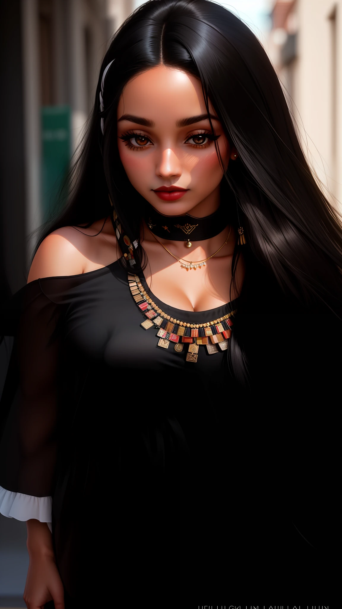 there is a woman with long black hair wearing a necklace, 30-year-old woman from cuba, alanis guillen, by Gina Pellón, looks like fabiula nascimento, profile image, inspired by Gina Pellón, sultry look, with straight black hair, beautiful tan mexican woman, 💋 💄 👠 👗, ayahausca