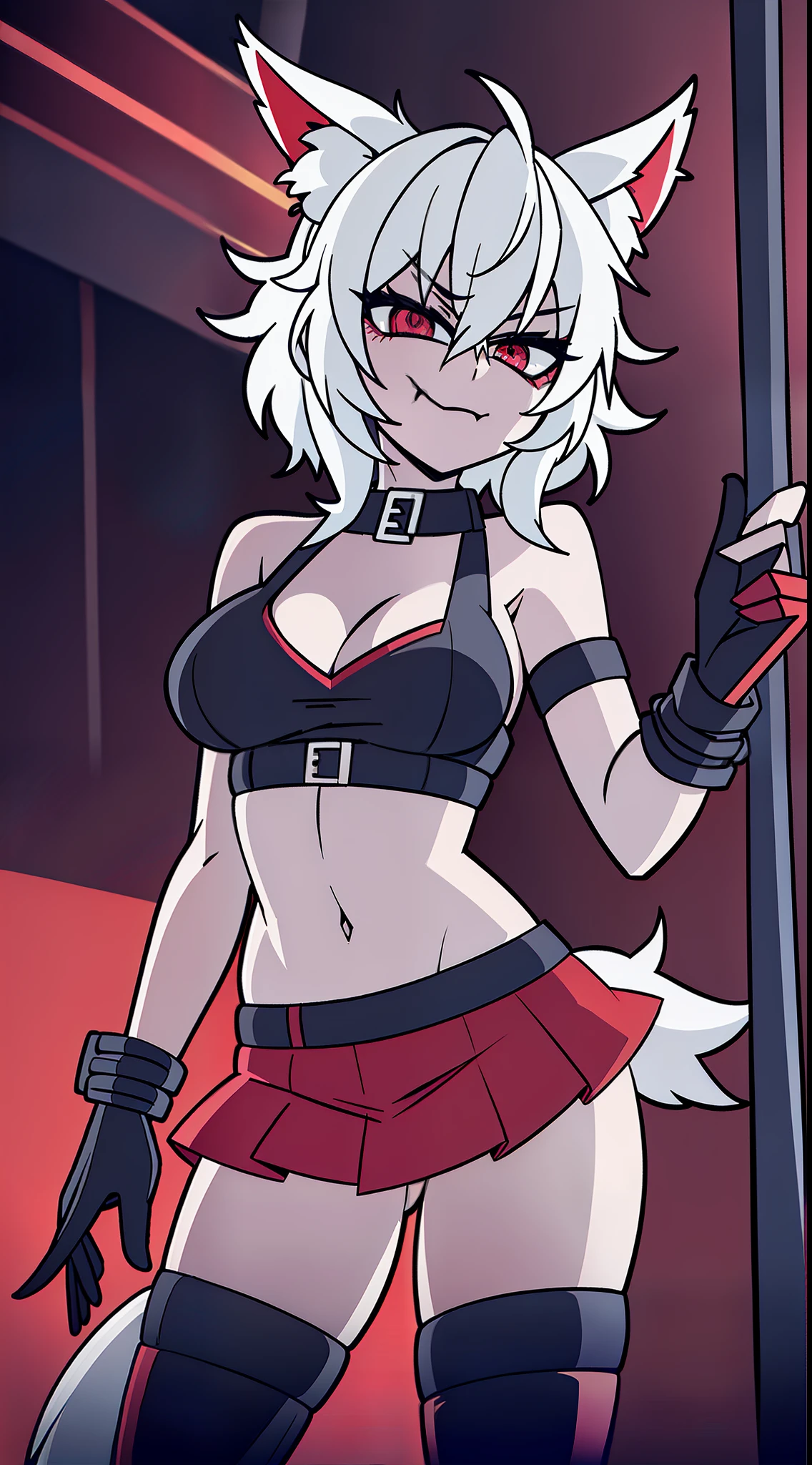 1girl, look at viewer, cute, breast, full body, Helltaker, detailed lighting, detailed body, detailed hair, detailed, masterpiece, red eyes, glowing eyes, night, torn red tank top, black mini-skirt, Fishnet stockings, black boots, Fox ears, Fox tail, short messy hair, white hair, smug smile, seductive look, half-closed eyes, (((Nightclub, neon lights)))