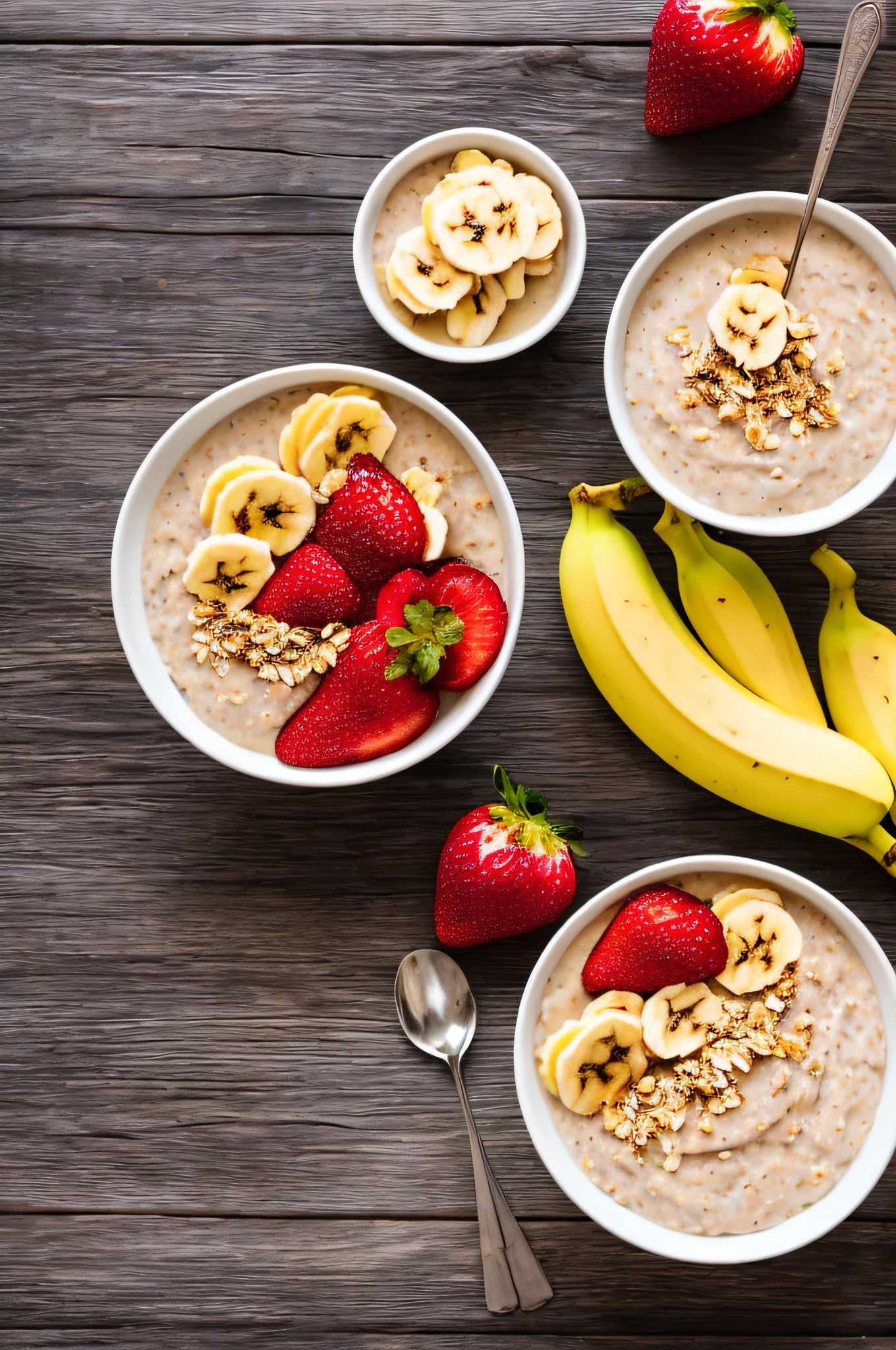 a bowl of oatmeal with strawberry yogurt, with bananas and honey, on a wooden table with a white lace tablecloth, a very realistic photo, color, with lighting, 4k.