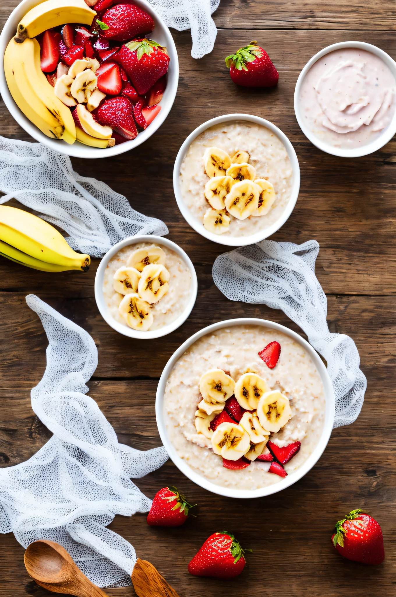a bowl of oatmeal with strawberry yogurt, with bananas and honey, on a wooden table with a white lace tablecloth, a very realistic photo, color, with lighting, 4k.