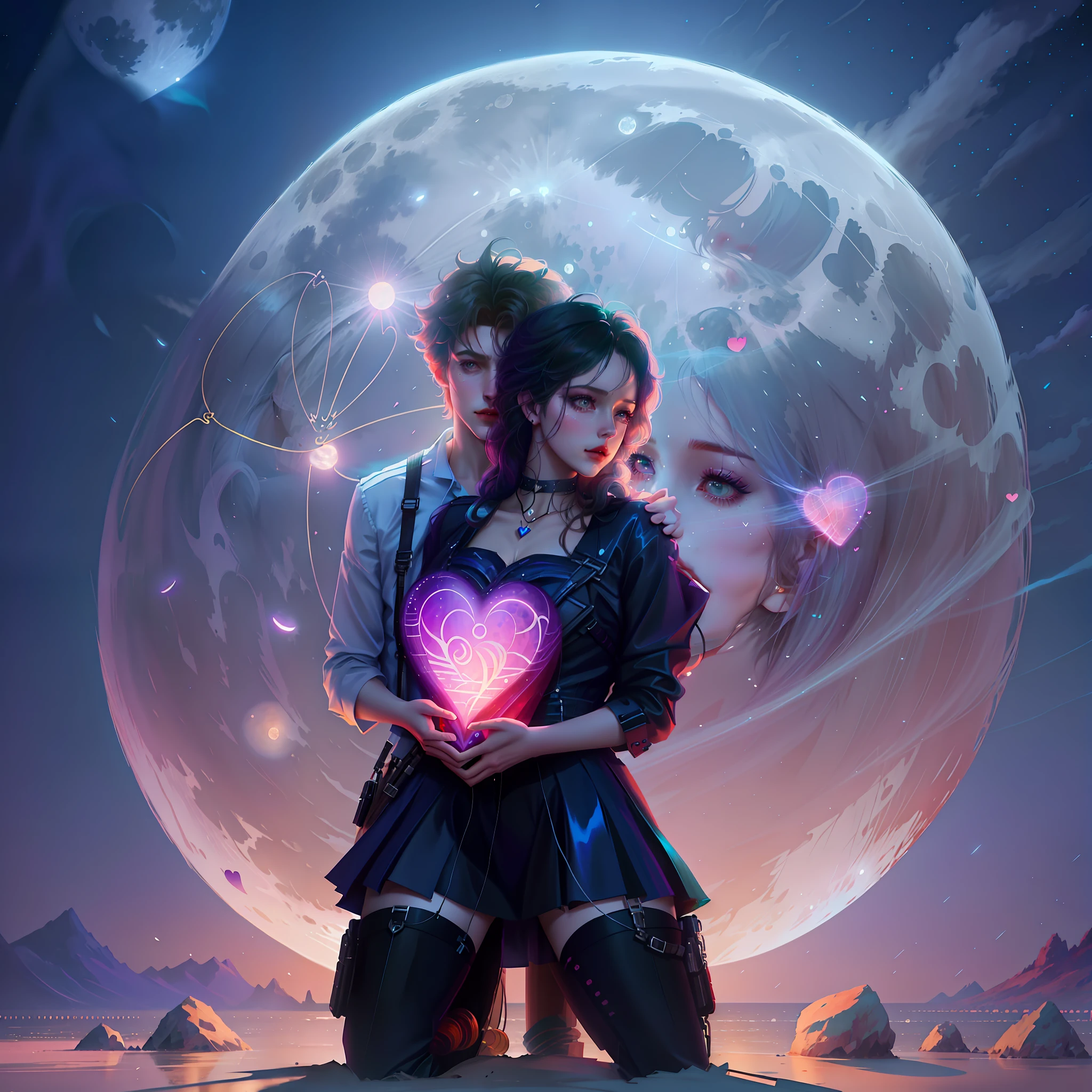 they are holding a heart in front of a full moon, concept art of love, charlie bowater and artgeem, neoartcore and charlie bowater, charlie bowater and tom bagshaw, makoto shinkai and tom bagshaw, alena aenami and android jones, ross tran and michael whelan, cyril rolando and goro fujita