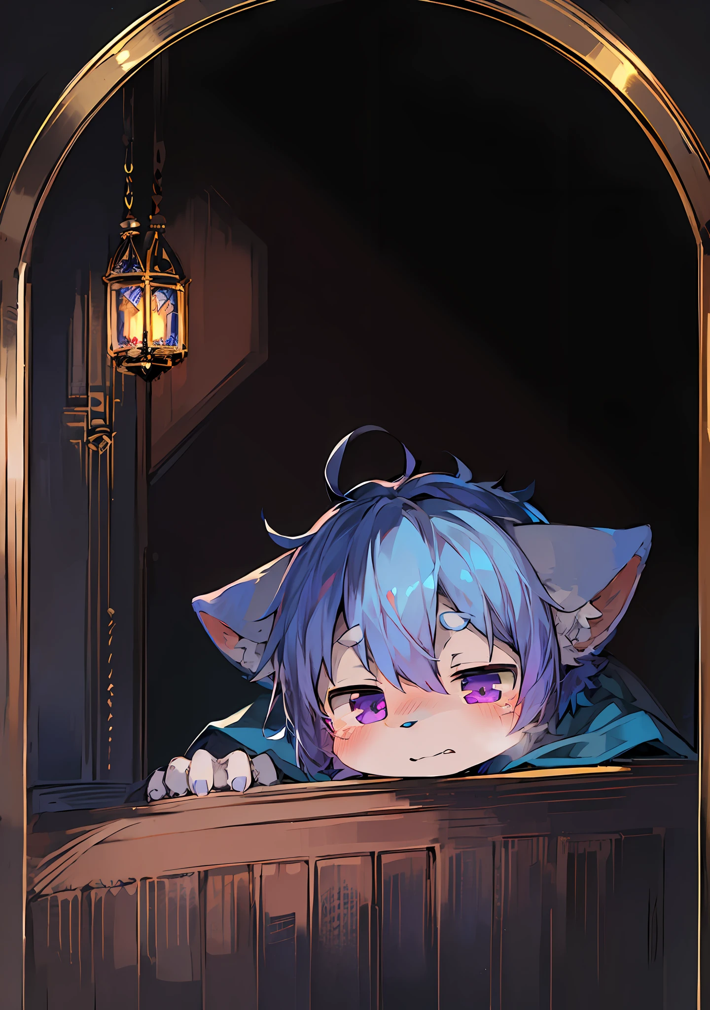 (Dark Environment: 0.8), Masterpiece, High Quality, Abstract Res, Digital Painting\(artwork\), by Dagasi, Yupa, Kiyosan, (Anthro, Fluffy Fur, Character Focus: 1.1), Anthro Male Cat, Short Hair, Portrait , bright eyes, panorama, character focus. (detailed background: 0.7), solo, furry, furry male, male focus, anthr, (full body fur, fluffy tail, blue and white fur, purple eyes, blue hair: 1.2), (long canine, vampire, cape: 1.2), (interior, night, castle, room, bed: 1.1) shy blushing, half-closed eyes, sweating, tears