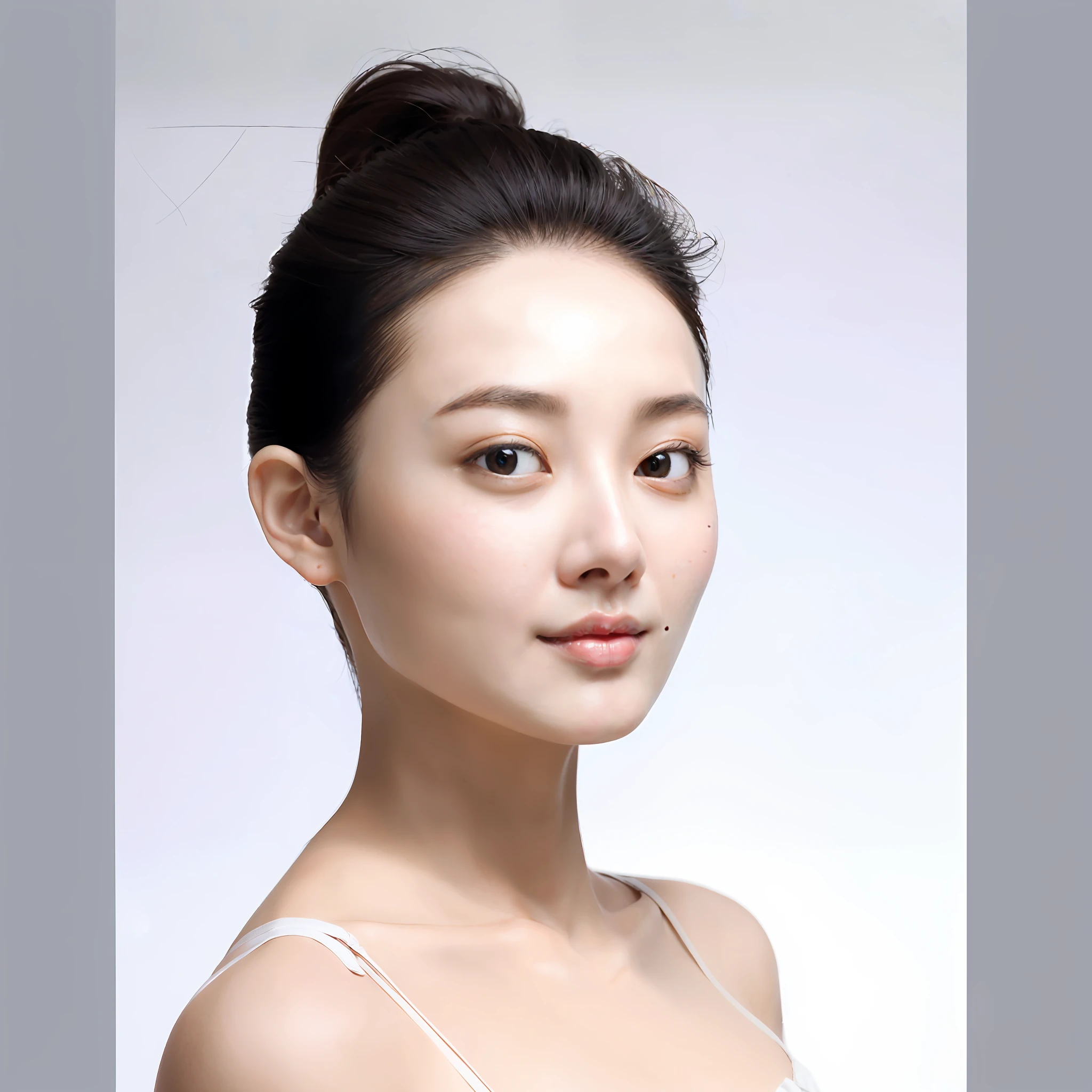 (gorgeous, high quality, super delicate) (Showing Asian beauty and Southeast Asian round face) (Women with hair tied in a bun, Korean feature) (Wear white jewelry, white top, lower body color in the range of 3-5), (Perfect porcelain skin base, white petals or under cherry blossom trees) (Use soft light to brighten the skin and create a Japanese style) (Shot from the side, and pay attention to the symmetry of the female side face to highlight the eyes)