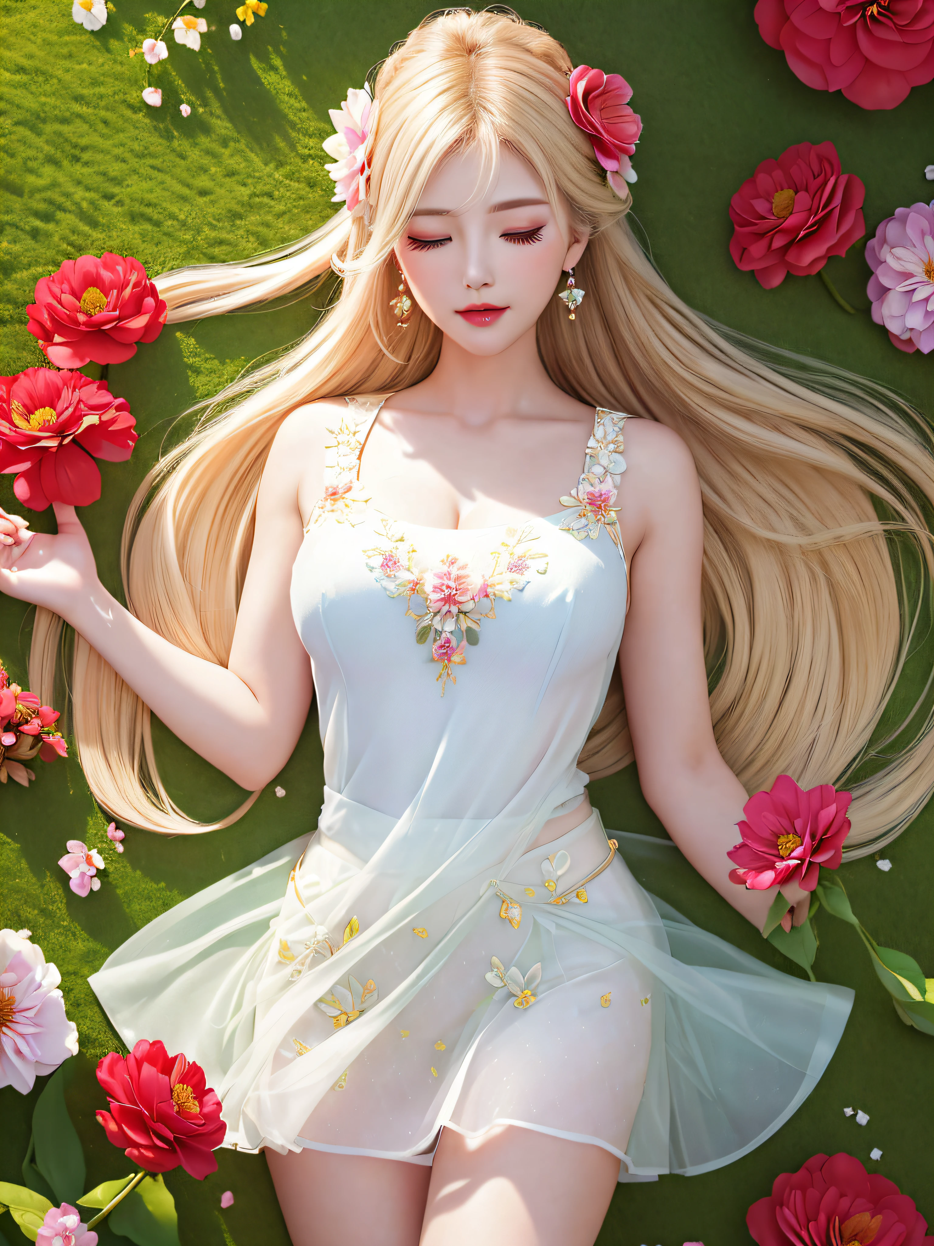 (((Female teacher lying in the flower garden)))v6, earrings, full body v6, (long golden white hair), translucent clothes, looking, superb, ultra high definition, RAW photography, realism 1.25), (bright lip gloss, long eyelashes, smooth) face, bright skin, natural shadows, wide light, wide light, depth of field, strong colors, subtle caustics: 0.8), (big), v6 ( Bra made of transparent white and red flowers, miniskirt,))), sleeveless, (eyes closed, face down)), lower body slender, behind the woman, there are various beautiful flowers (absurd, high resolution, super detailed), ((a little dirty all over, the clothes are also torn))