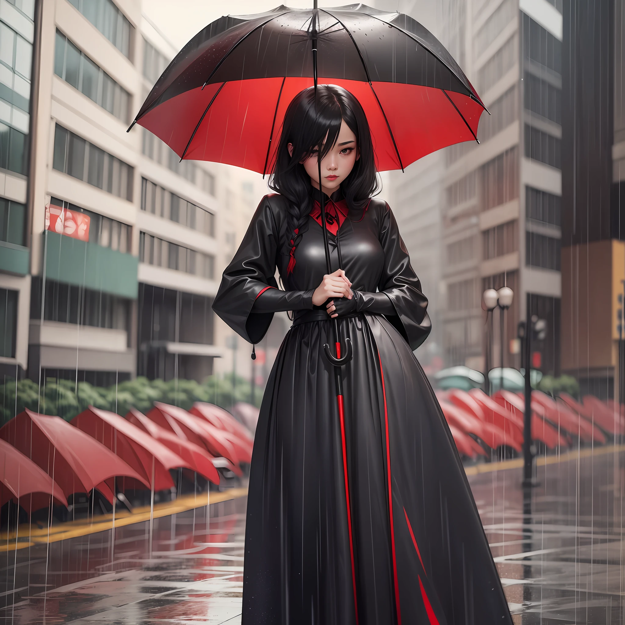 On a rainy day, the girl is black silk and red with an umbrella --auto --s2